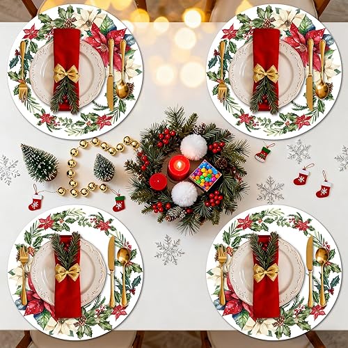 Miniatura 6 de Tarklanda Juego de 6 manteles individuales florales de Navidad, redondos, lavables, de vinilo, de 13.4 pulgadas, manteles individuales de plástico