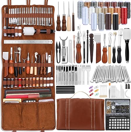 TLKKUE Leather Tooling Kit Leather Craft Tools Leatherworking Kit with Custom Handbag Cutting Mats Engraving Punching Sewing Stamping Sanding Tools for Handicraft Work Professional