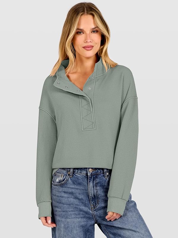 ANRABESS Sweatshirt for Women Waffle Knit Henley Pullover Tops Green image 5