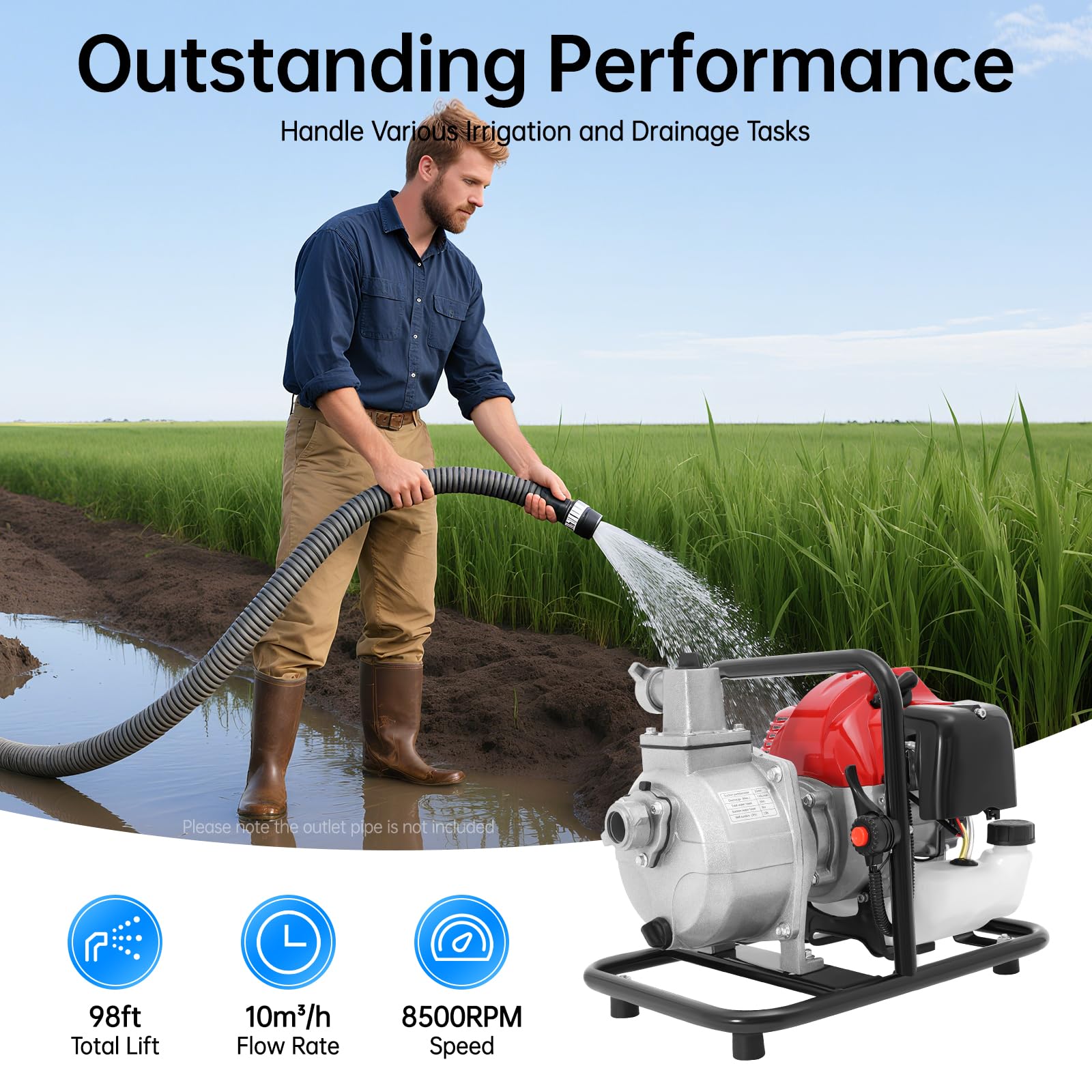 Bomba de agua de gasolina de 43 cc, motor de 2 tiempos de 1,7 CV, bomba de agua portátil de 1,25 kW, caudal de 10 m³/h, altura máxima de extracción de 30 m, 8500 rpm
