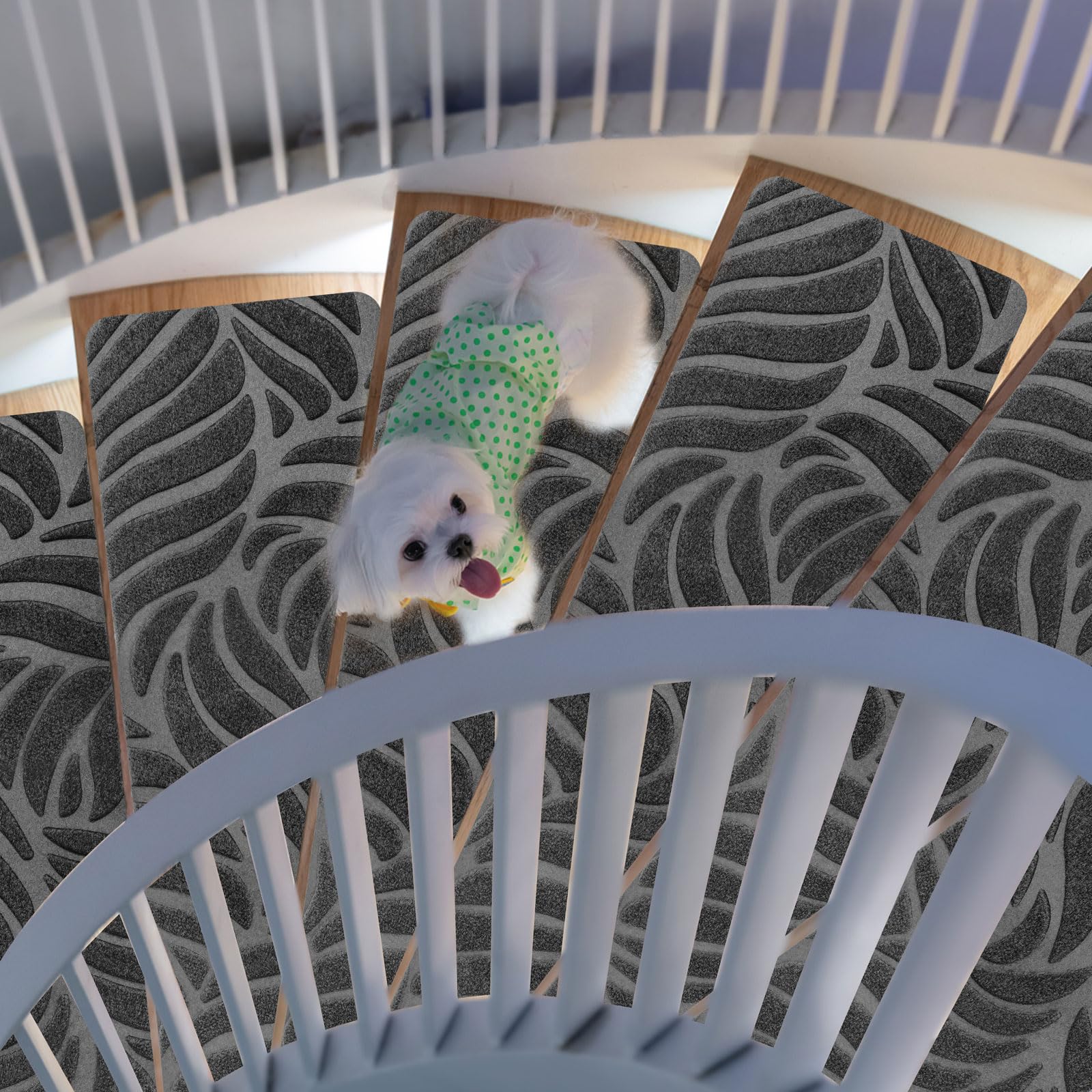 GSAFEME Non-Slip Stair Treads for Wooden Steps Indoor - 15 PCS 30" x 8" Safety Carpet Stair Runners with with Peel and Stick Carpet Tape,Grey Leaf