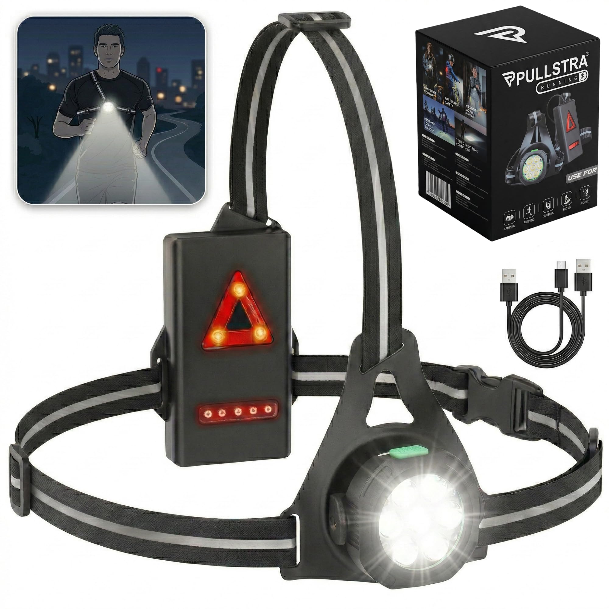Lampe Pectorale Running Rechargeable USB-C – Lampe Course à Pied avec 7 LED Blanches Avant & 8 LED Rouges Arrière, 3 Modes d’Éclairage, IPX4 Étanche, Autonomie Longue Durée – Homme & Femme