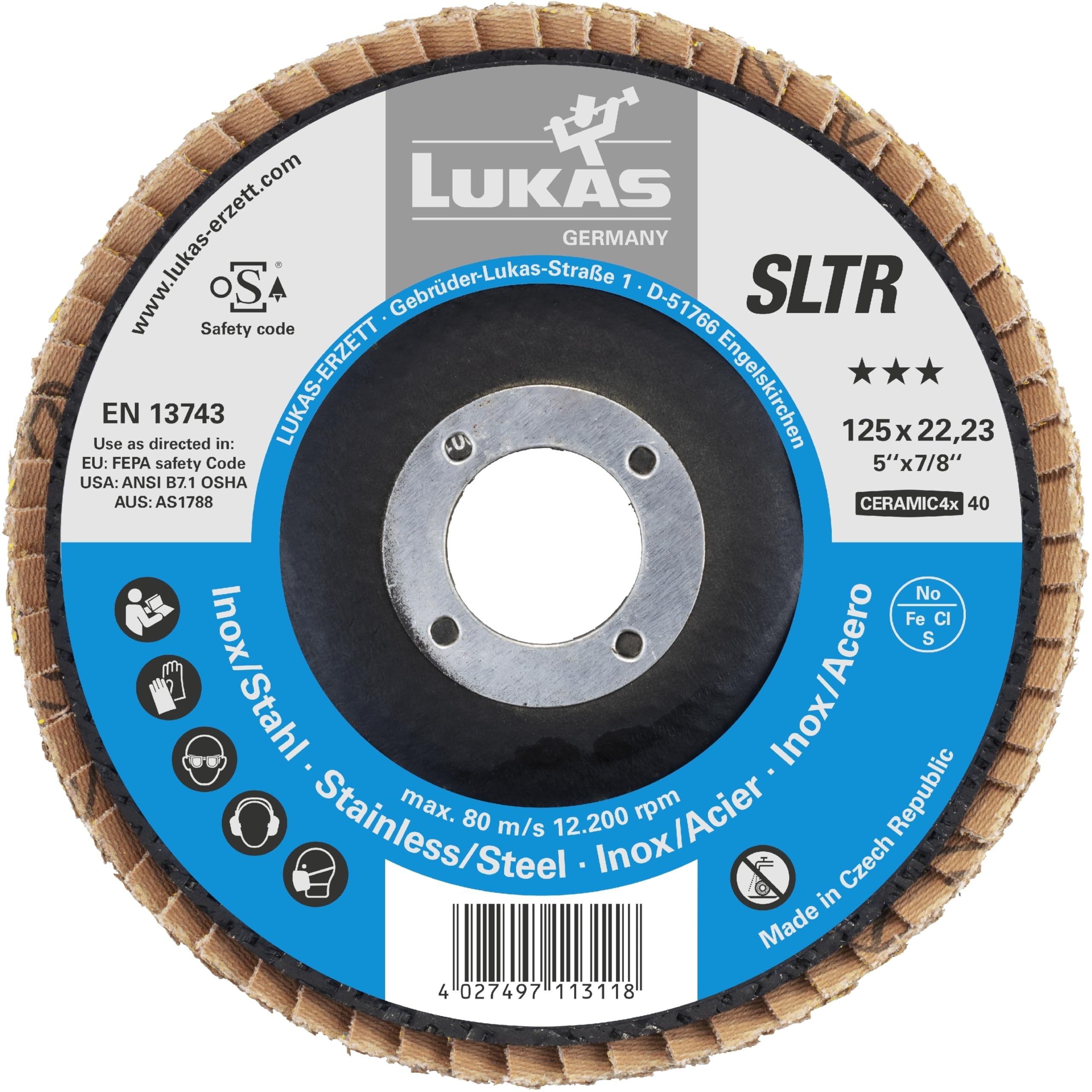 LUKAS-ERZETT - 10 dischi abrasivi a ventaglio SLTR, universali, Ø 125 mm, grana in ceramica 80, obliqua