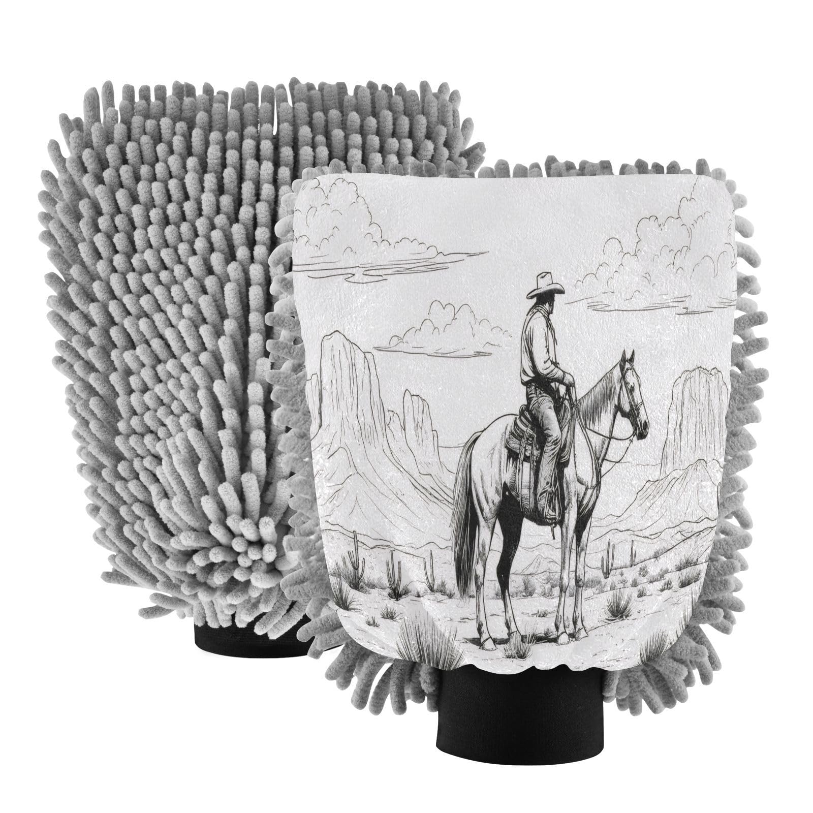 Flradish 2 Pack Vintage Western Cowboy Car Wash Mitt Chenille Microfiber Lint-Free Scratch Free Ultra-Soft Absorbent Car Wash Mitt 11.8x8.07 Inch