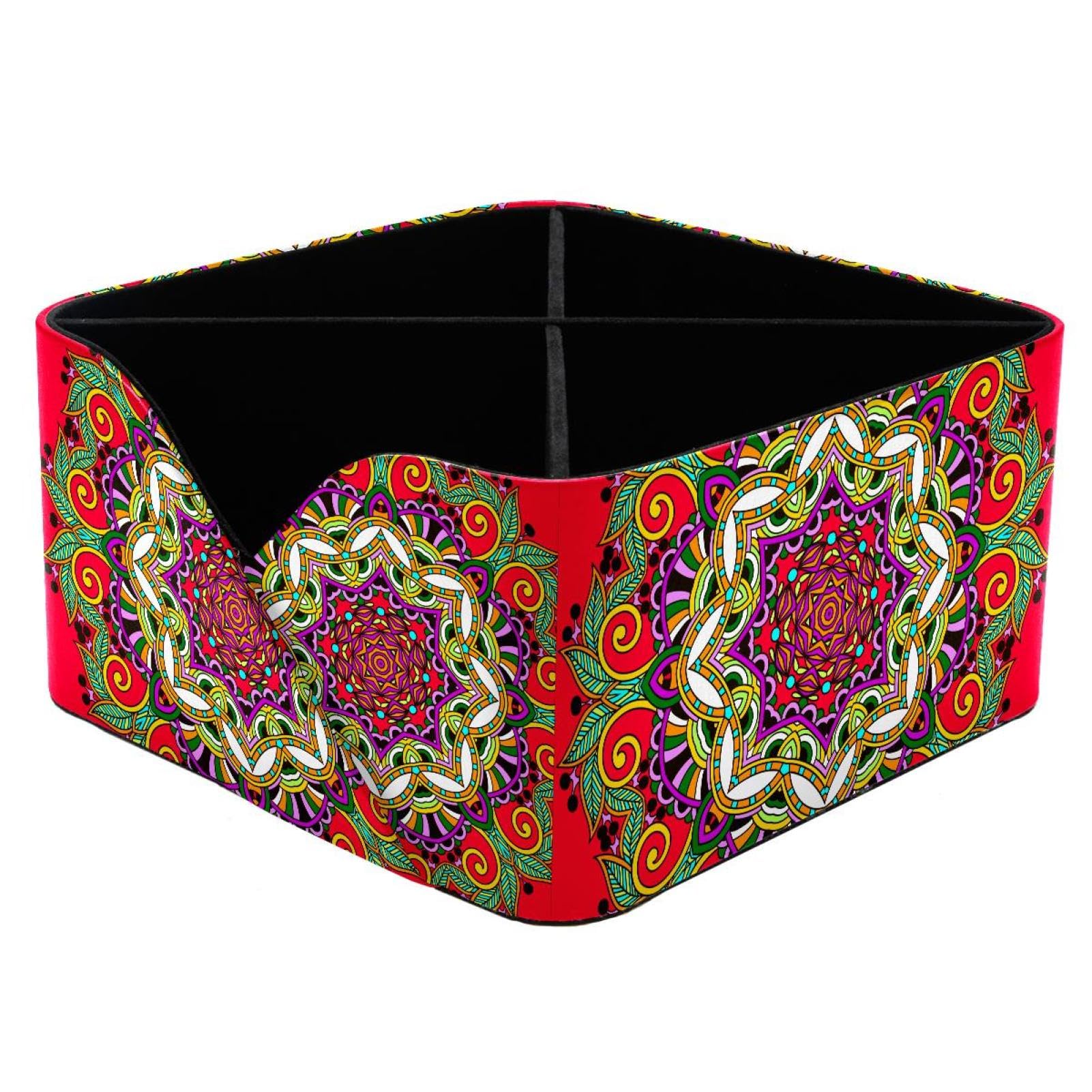 KengjuTesu Vintage Tribal Mandala Flower Circle Red Pattern Desktop Organizer Pen Holder, Rectangular Pencil Cup for Office, Study and Makeup Stations
