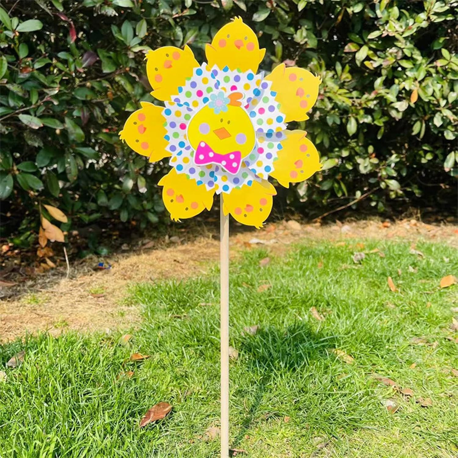 Spring Easter Windmills, 24x58cm 12-Piece Paper Wood Garden Spinner Set with Bunny, Chick, Egg Designs for Yard, Patio, Outdoor Decor, Holiday, Party