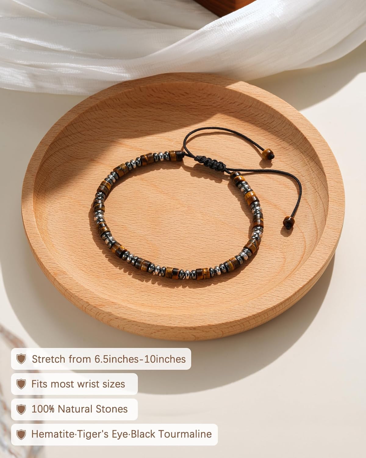 Triple Protection Bracelet with Natural Hematite Tiger Eye Black Tourmaline, Adjustable Healing Crystal Bracelet for Strength Balance Energy, Meaningful Gift with Quote Card - Image 3