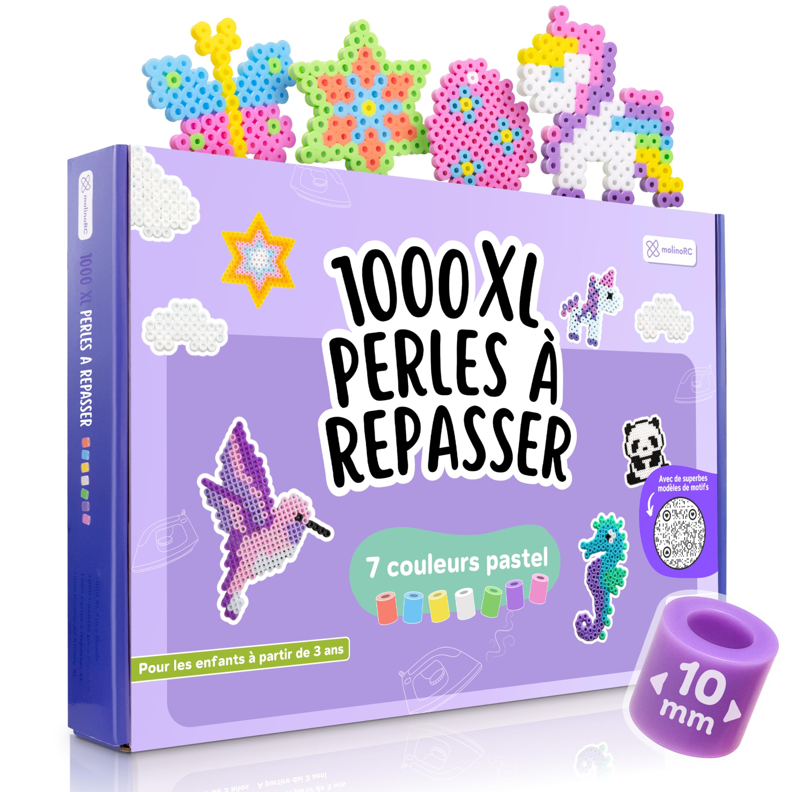 molinoRC Lot de 1000 grandes perles à repasser de 10 mm pour enfants à partir de 3 ans – 7 couleurs vives XL – Kit de perles créatives