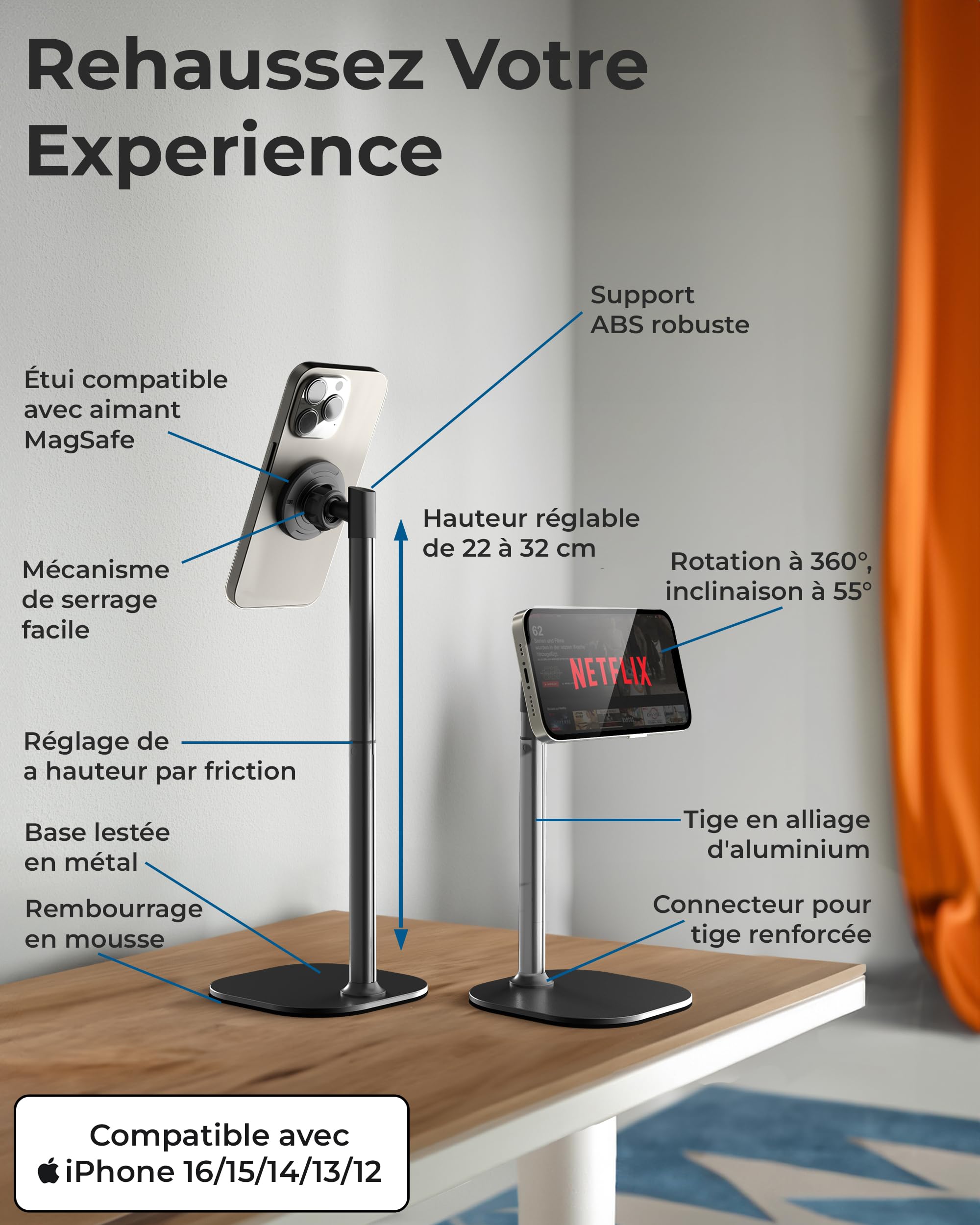 COOPER MagStand Magnétique Réglable Support iPhone pour Bureau Enregistrement Vidéo Compatible MagSafe iPhone 17 Pro Max 16/15/14/13/12 Petit Trépied
