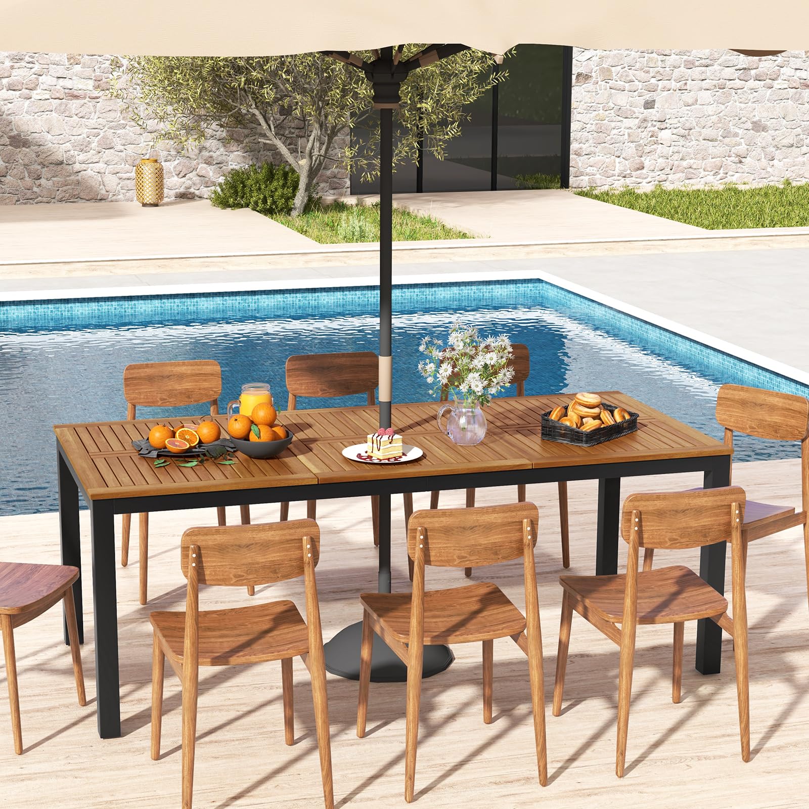 COSTWAY Table de Jardin 200 CM 8 Personnes, Table Exterieur en Bois d’Acacia avec Trou de Parasol, Pieds Métal