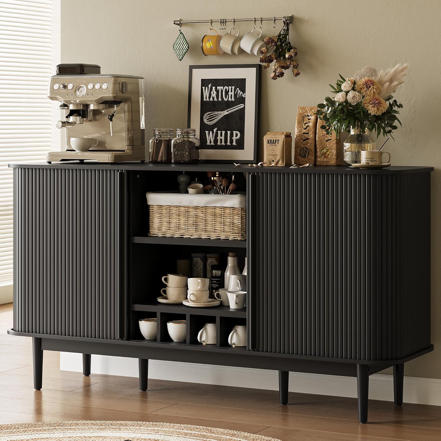 Coffee Bar with Storage, 59 inch Coffee Bar Cabinet with Fluted Slide Tambour Doors, Wine Bar Cabinet with 4 Wine Racks for Living Room, Kitchen, Entryway, Black