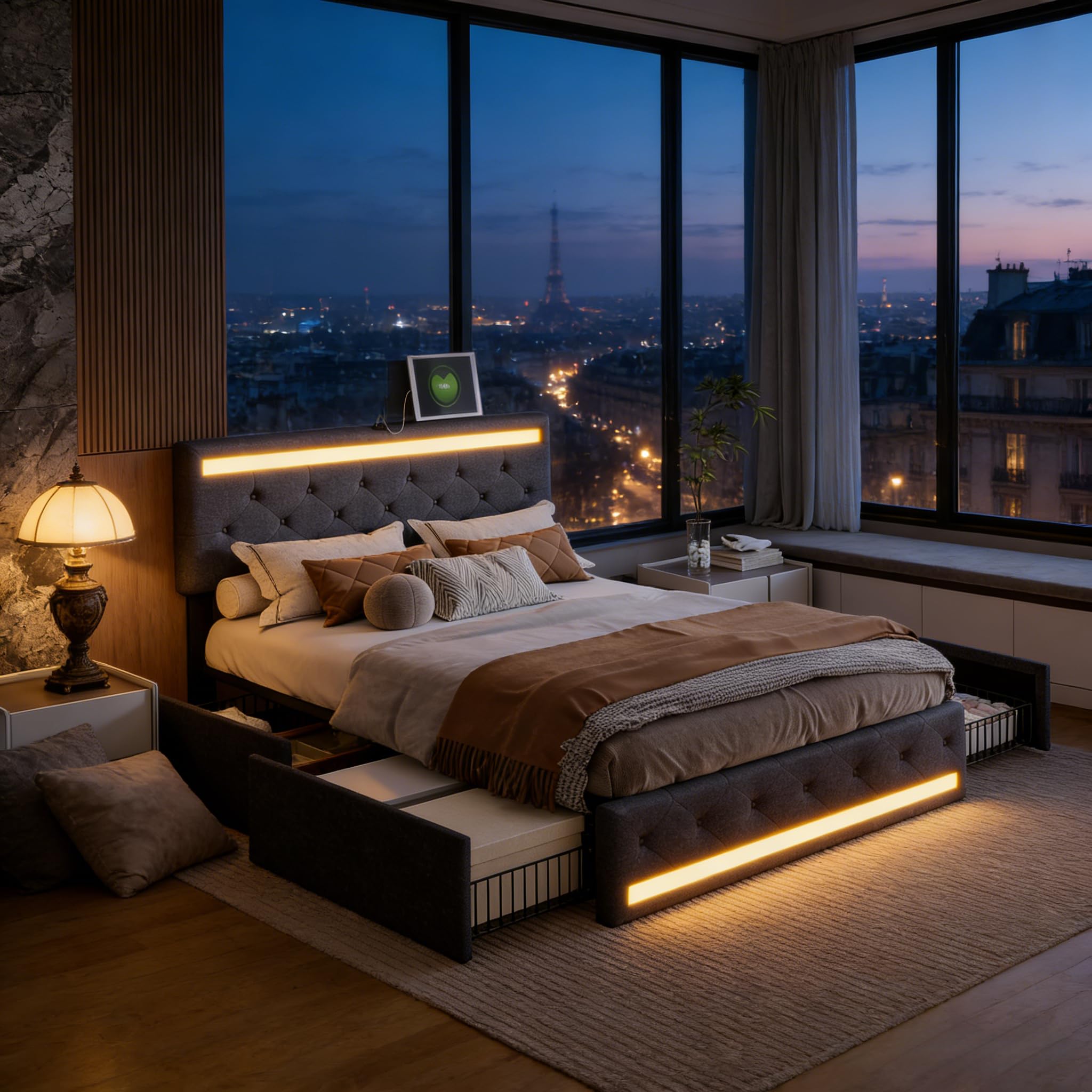 Lit Double 180x200 cm avec Sommier et 4 Tiroirs de Rangement, Lit Rembourré en Lin avec Tête de Lit à LED et Station de Charge USB/Type-C,Cadre de Lit Moderne Design Gris pour Adulte et Chambre d'amis