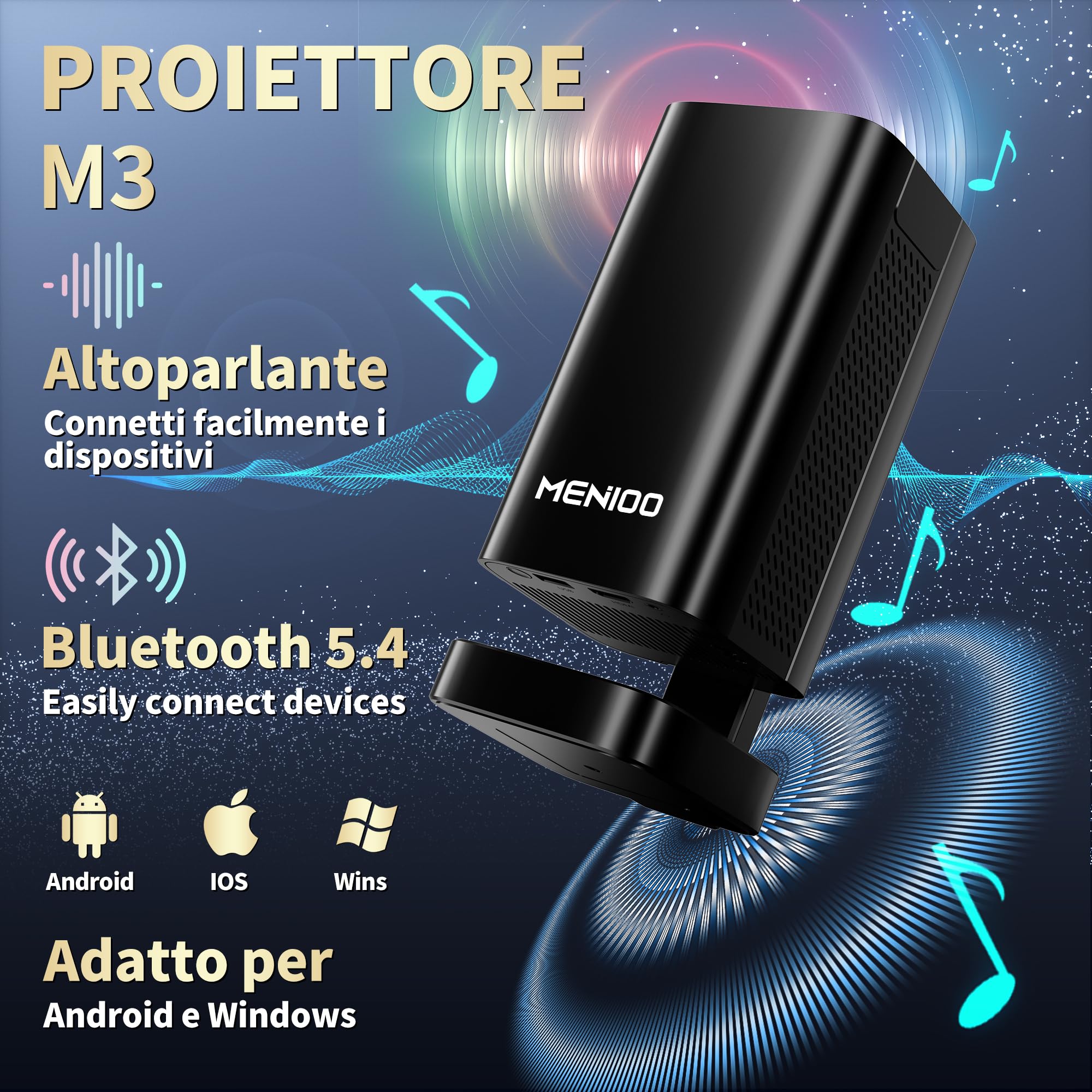 [2026 Upgraded & Apps Integrate] Proiettore 4K Support 1080P & Auto Focus/Keystone e Rotabile 90°, Mini Proiettore con WiFi 6 e Bluetooth 5.4 Compatibile con HDMI/TV Stick/Memory Stick/Laptop - Nero
