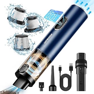 Handheld Vacuum Cordless, Car Vacuum with 14000PA Powerful Suction with LED Light, Air Duster 2-in-1,Low Noise Rechargeable Portable Mini Vacuum Cleaner for Car Home Pet Office,Two Gears Blue