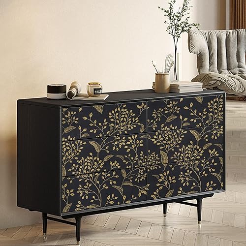 Miniatura 6 de Heroad Papel tapiz autoadhesivo de 196 x 17.3 pulgadas, color negro y dorado, papel tapiz bohemio para despegar y pegar, papel de contacto floral,