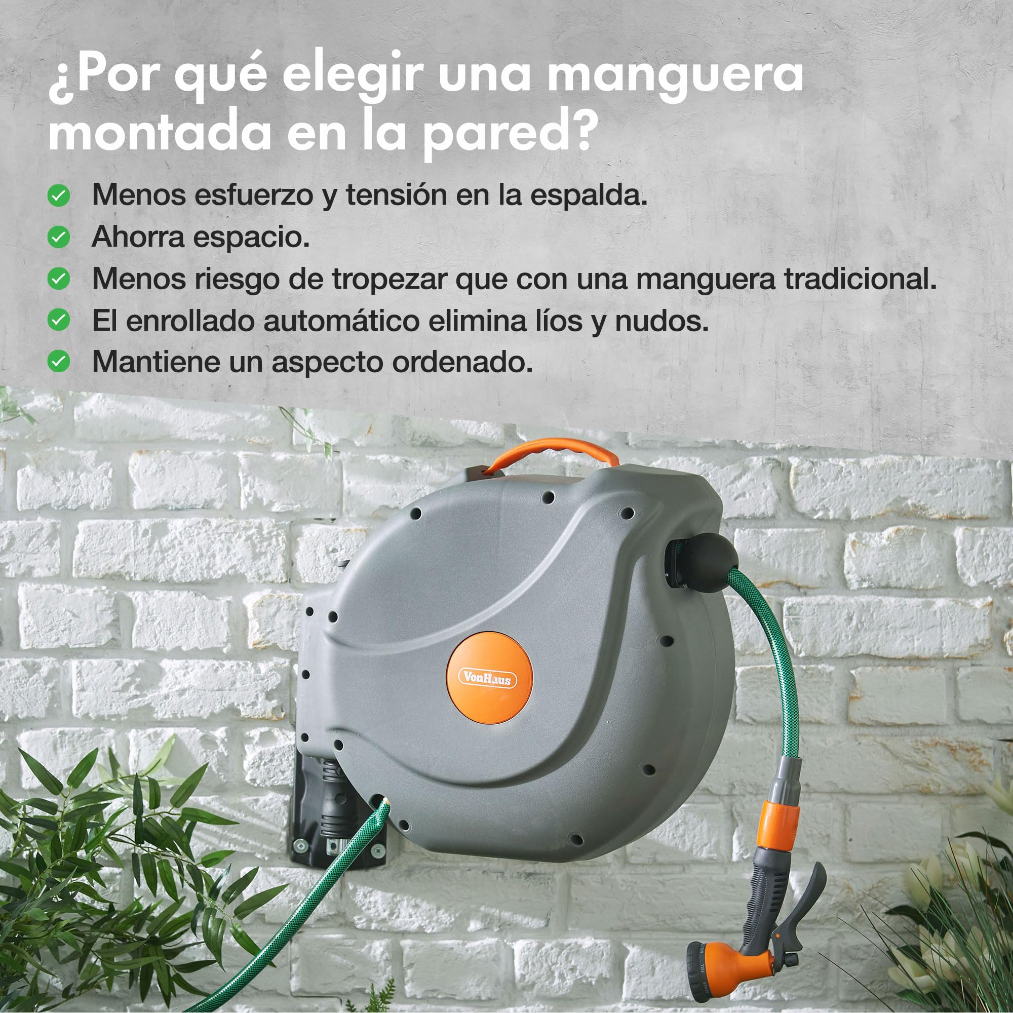 VonHaus Enrollador de Manguera de 20 m: Enrollador de Manguera de pared para Jardín, Retráctil, con Bloqueo Automático, incluye Accesorios de Montaje y pistola rociadora con 8 funciones