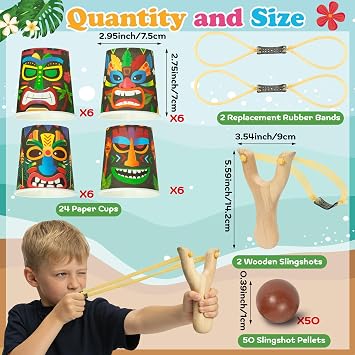 TICIAGA Summer Luau Tiki Stacking Cups Game Set with Toss Sling Shot for Party, Hawaiian Aloha Tiki Tropical Party Game, Summer Beach Birthday Accessories 2 Wooden Slingshot 24 Cup 50 Pellet & 2 Band