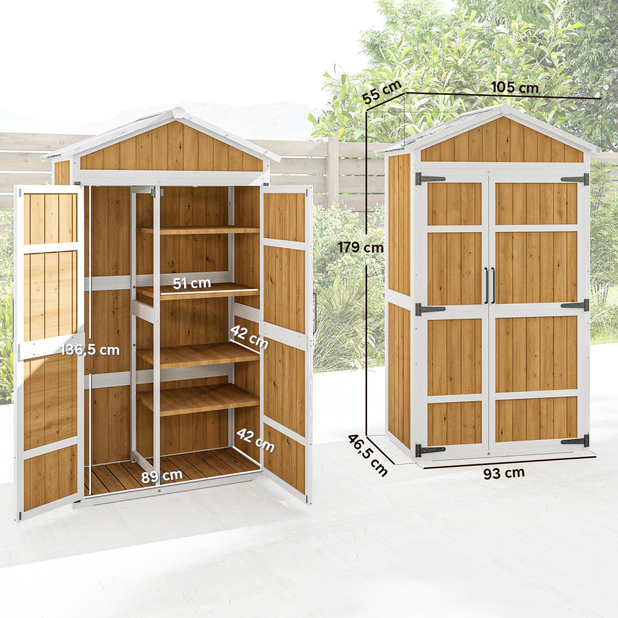 Outsunny Armoire de Jardin en Bois - Abri de Jardin Extérieur Étanche avec Toit en Métal - Meuble de Rangement Terrasse à Double Porte pour Outils de Jardinage 105x55x179cm, Blanc et Naturel