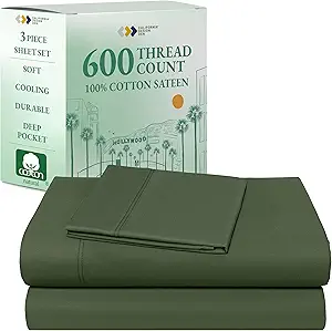 California Design Den 100% Cotton Twin Sheets Set - Luxury 600 Thread Count, Sateen Weave, Deep Pocket Twin Bed Sheets Cotton Set, Hotel Quality Bedding - Olive Green