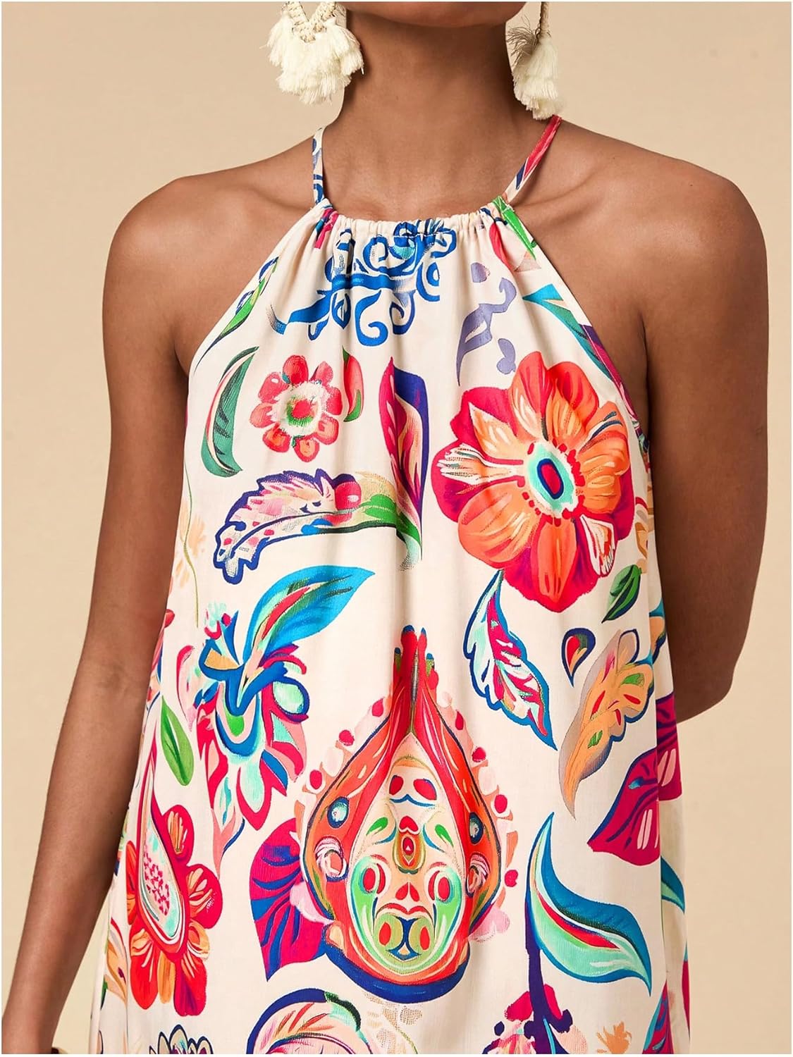 SweatyRocks Women's Tropical Print Halter Dresses Sleeveless Holiday Summer Mini Dress - Image 4