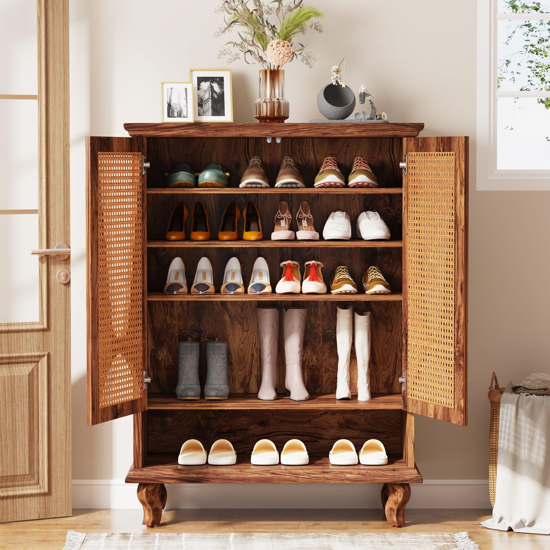 Tribesigns Rattan-Schuhschrank mit 2 Türen, 75x 37x 110cm, Schuhkipper schmal,7-stöckig Schuhregal für 25 Paar Schuhe Regal für Eingang, Flurschrank,Wohnzimmer