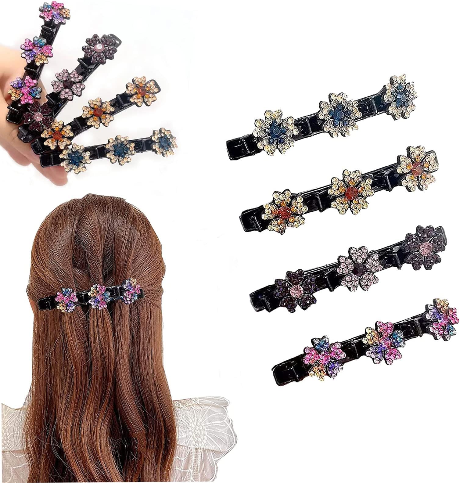 8PCS Sparkling Crystal Stone Braided Hair Clips, Rsvelte Braided Hair Clip with 3 Small Clips, Multi Clip Hair Barrettes for Girls, Rsvelte Hair Clips, Satin Fabric Hair Bands with Clips