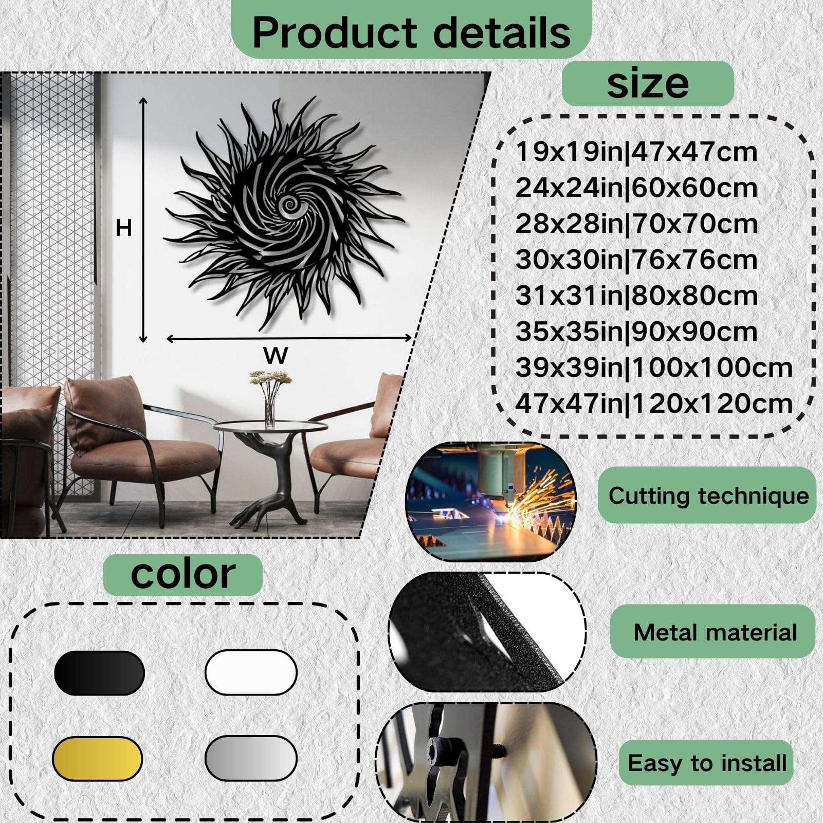 Metalowa dekoracja ścienna Wisząca rzeźba spiralny wzór słońca do salonu sypialnia łazienka lub biuro złoty kolor 60 x 60 cm (24 x 24 cale)