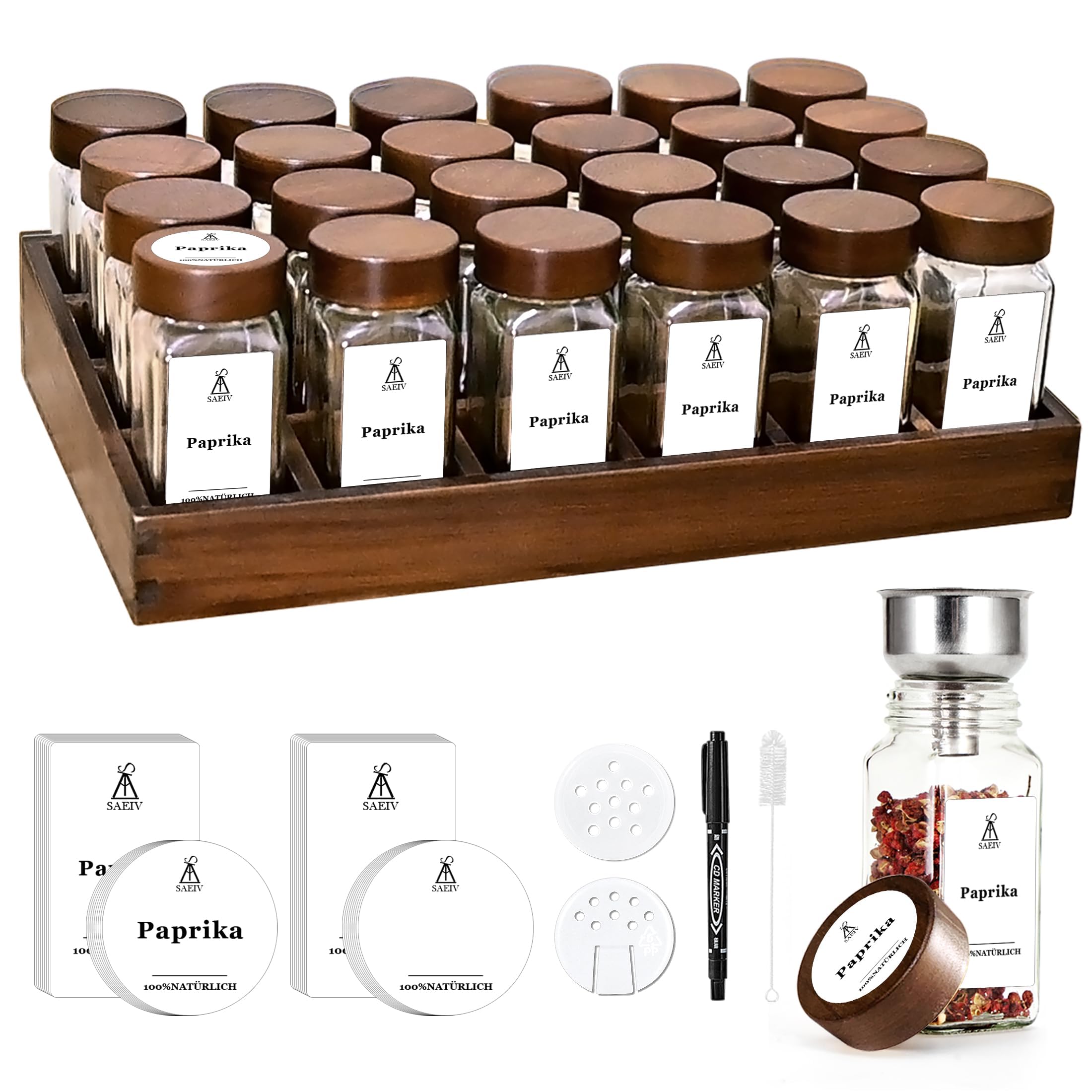 SAEIV Umweltfreundliches Akazien-Gewürzregal Holz mit 24 Fächern | 24 120ml-Gewürzgläser Drawer Organizer | Gewürzablag mit Gläsern 180 Deutsch Gewürzetiketten | Gewürzregal Stehend | Gewürz Organizer