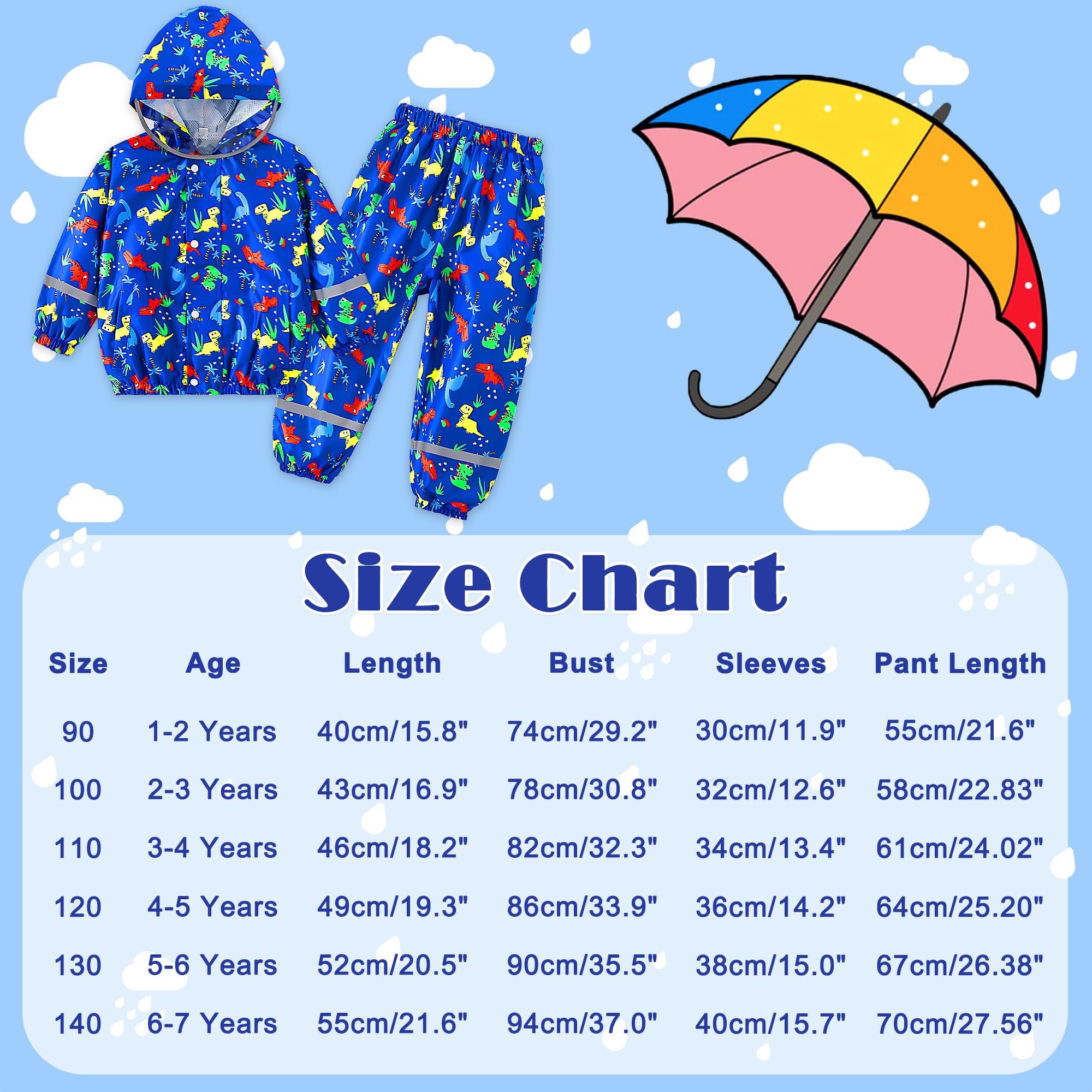 Chubasquero Niño Niña Impermeable con Capucha y Reflectante Ligero Chaqueta Lluvia & Pantalones Traje Estampado Impermeable Traje de Lluvia Reutilizable Abrigos para Infantiles 1-7 años