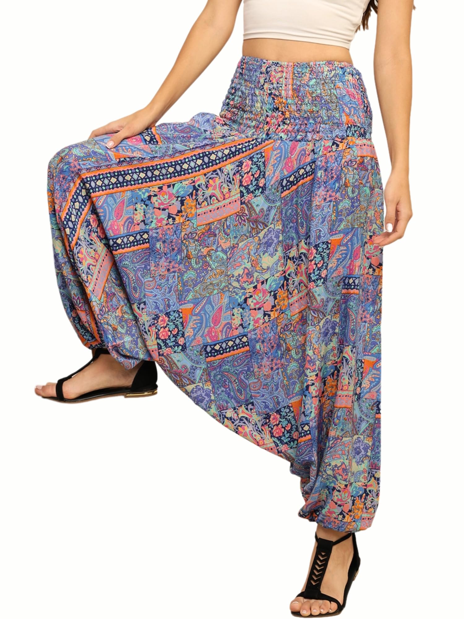 KE KANHA EXPORTS Women Harem Pants for Woman Boho Beach Multicolour Border Print Multiwear Jumpsuit Soft Silky Yoga Pants Loose Fit Dhoti Patiala Style Bottom Wear Waist 27-34" Fits S/M/L