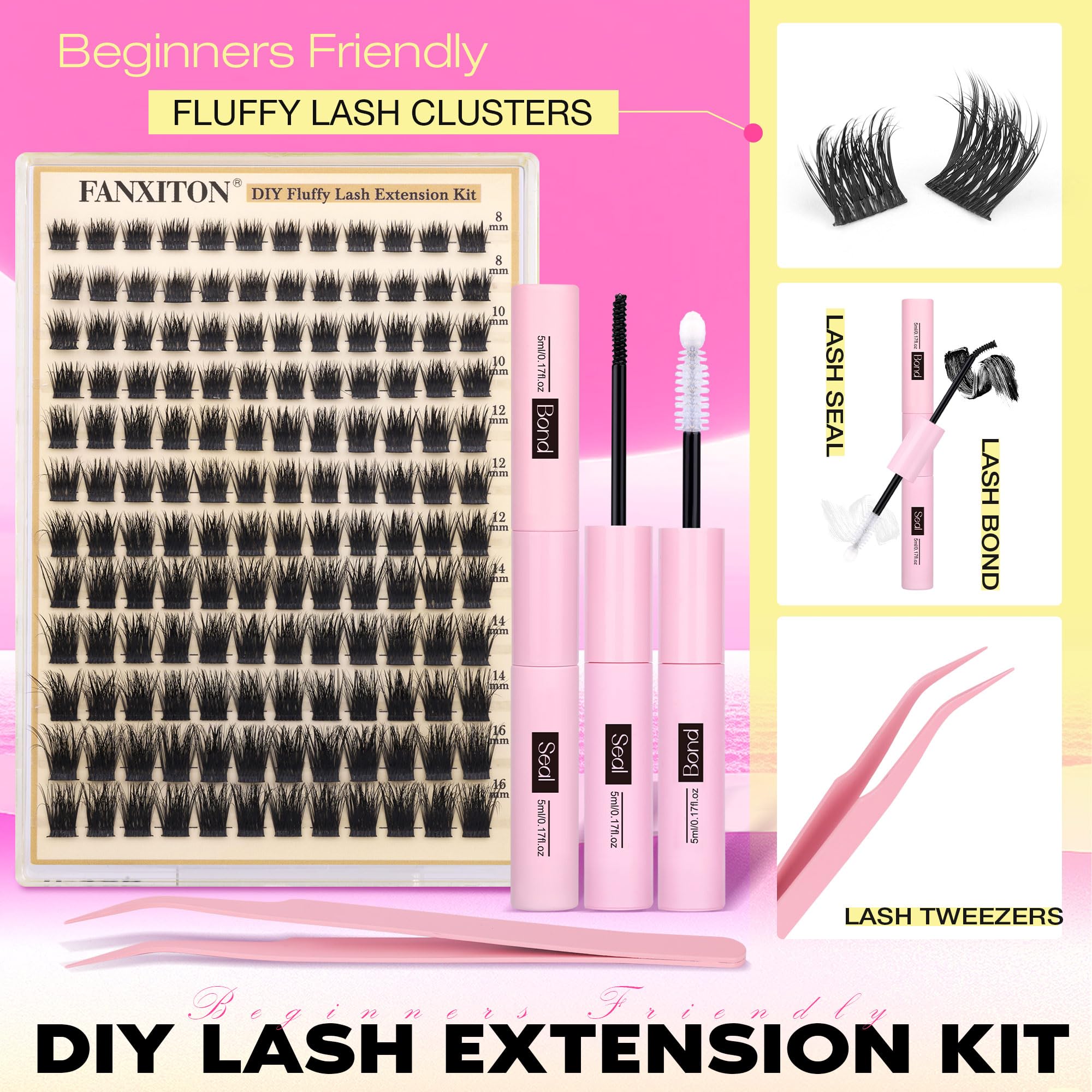 FANXITON DIY Individual Eyelash Extension Kit, Thick Volume Lash Clusters 40D+50D D Curvature, 280 Pieces Thin Band Cluster Lashes with Bond and Seal Tweezers: Lash Clusters Kit Fluffy Natural Lash Extension Thick Cluster Lashes 8-16mm Clusters Eyelash Extensions Wispy Individual Lashes Eye Lash Clusters with Lash Bond and Seal Tweezers Eyelash Extension Kit