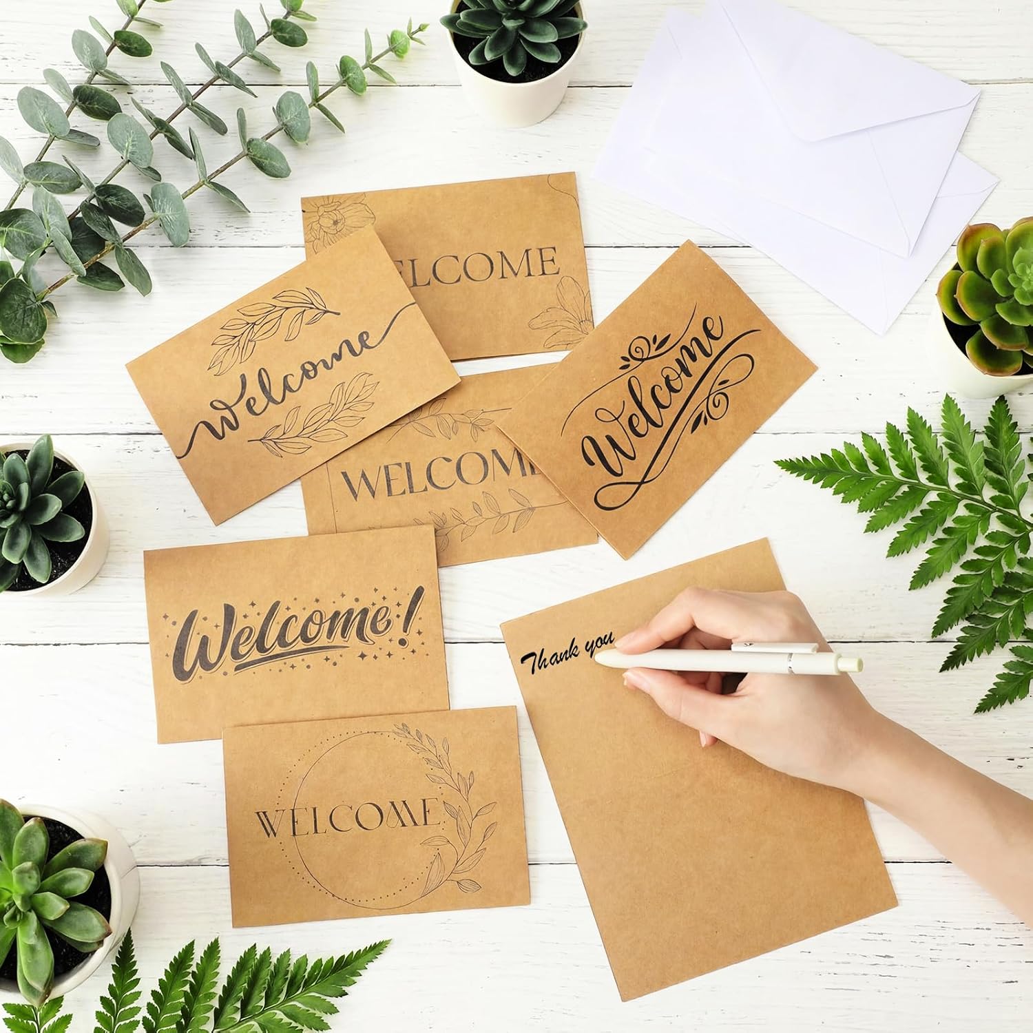 54 Sets Welcome Cards for Guests with Envelopes 4 x 6 Inch Kraft Brown Rustic Blank Notecards & Envelopes Blank Floral Cards for Guests & Employees Wedding - Image 4