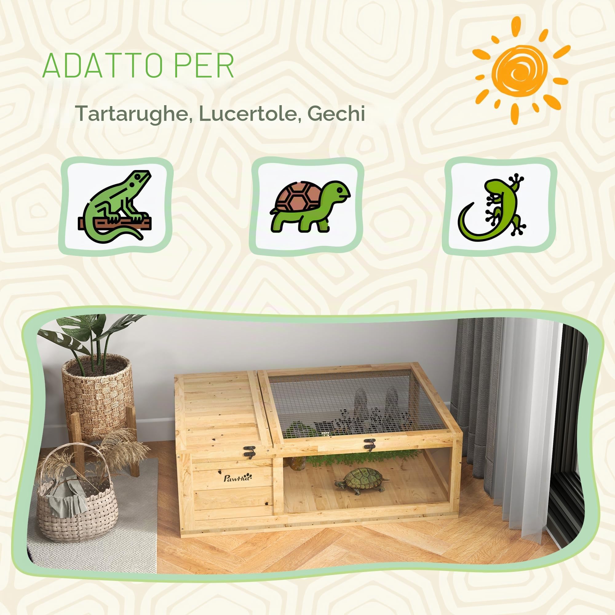 PawHut Casa per tartarughe in legno, terrario per rettili con tetto in rete, pannelli laterali trasparenti estraibili e chiavistello di sicurezza, capannone per tartarughe, 91 x 60,5 x 32 cm, naturale