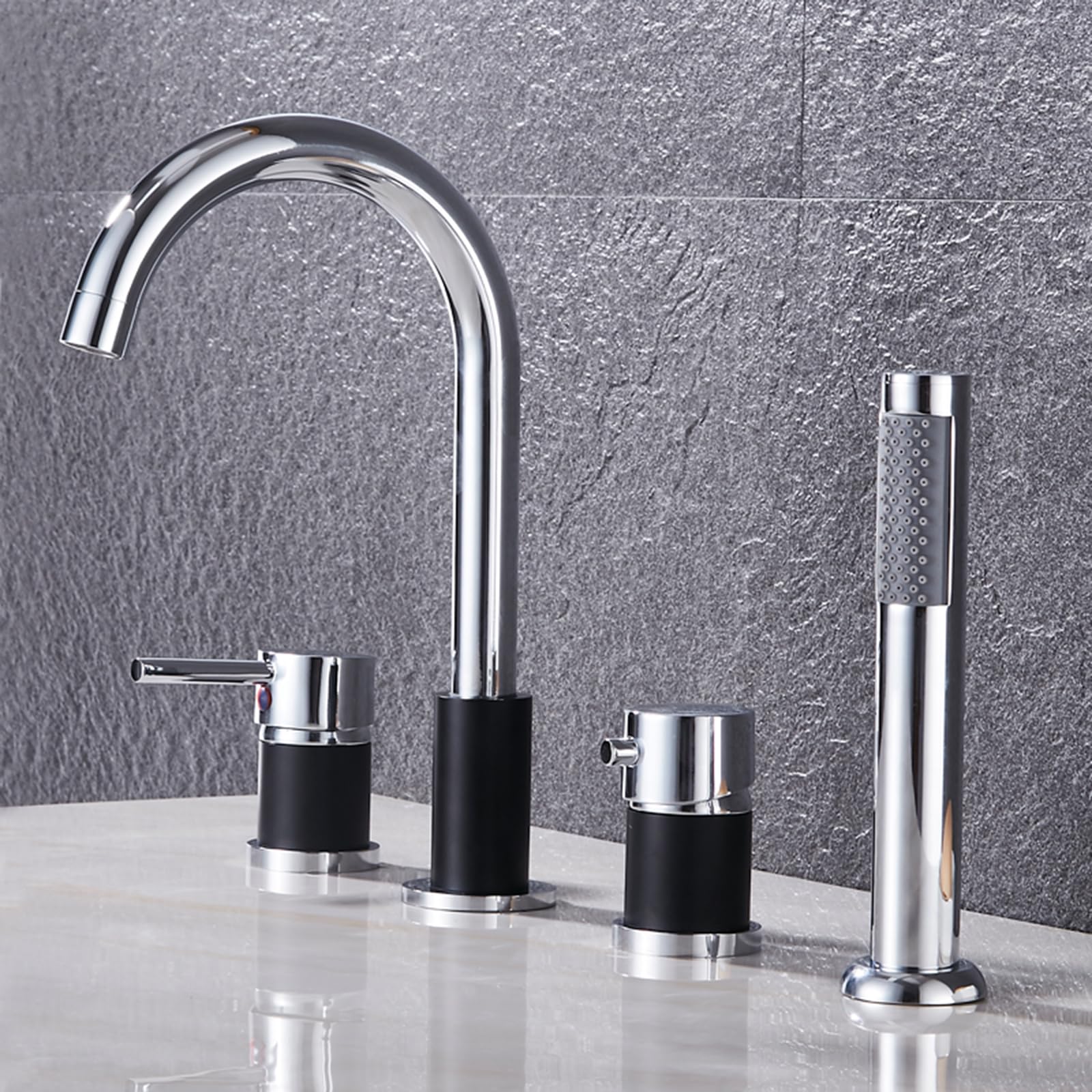 Grifo Mezclador de Bañera Y Ducha de 4 Orificios con Rotación de 360° para Agua Caliente Y Fría de Latón Cromado Y Negro