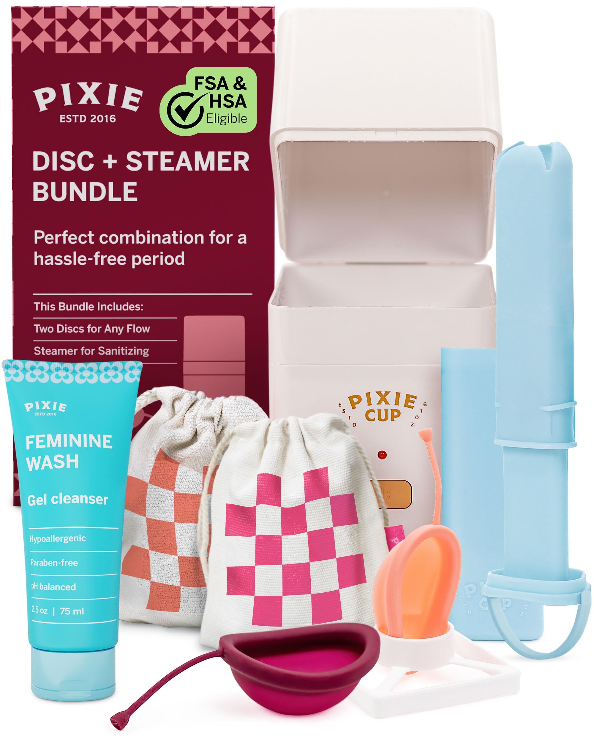 Pixie Menstrual Disc Collection - 2 Reusable Period Discs with Applicator, Sterilizer, Feminine Wash & Totes for Feminine Care, Tampon-Style Insertion - All-in-One Easy Period Solution