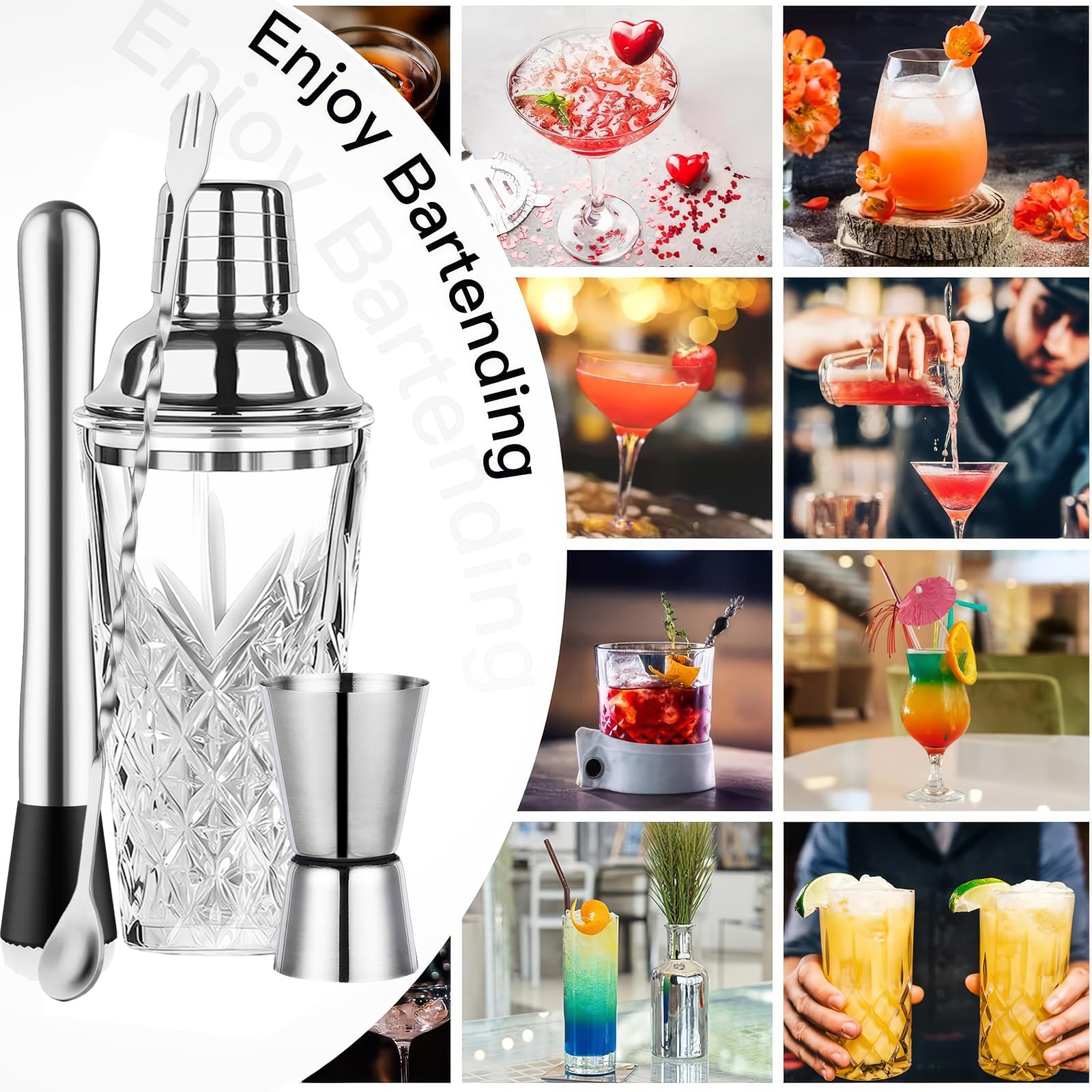 OUZHOU Shaker per cocktail, set da 4 pezzi, shaker da cocktail in vetro con coperchio in acciaio inox, a prova di perdite, shaker per coktail, set con misurino per vino, bastoncini di miscelazione per