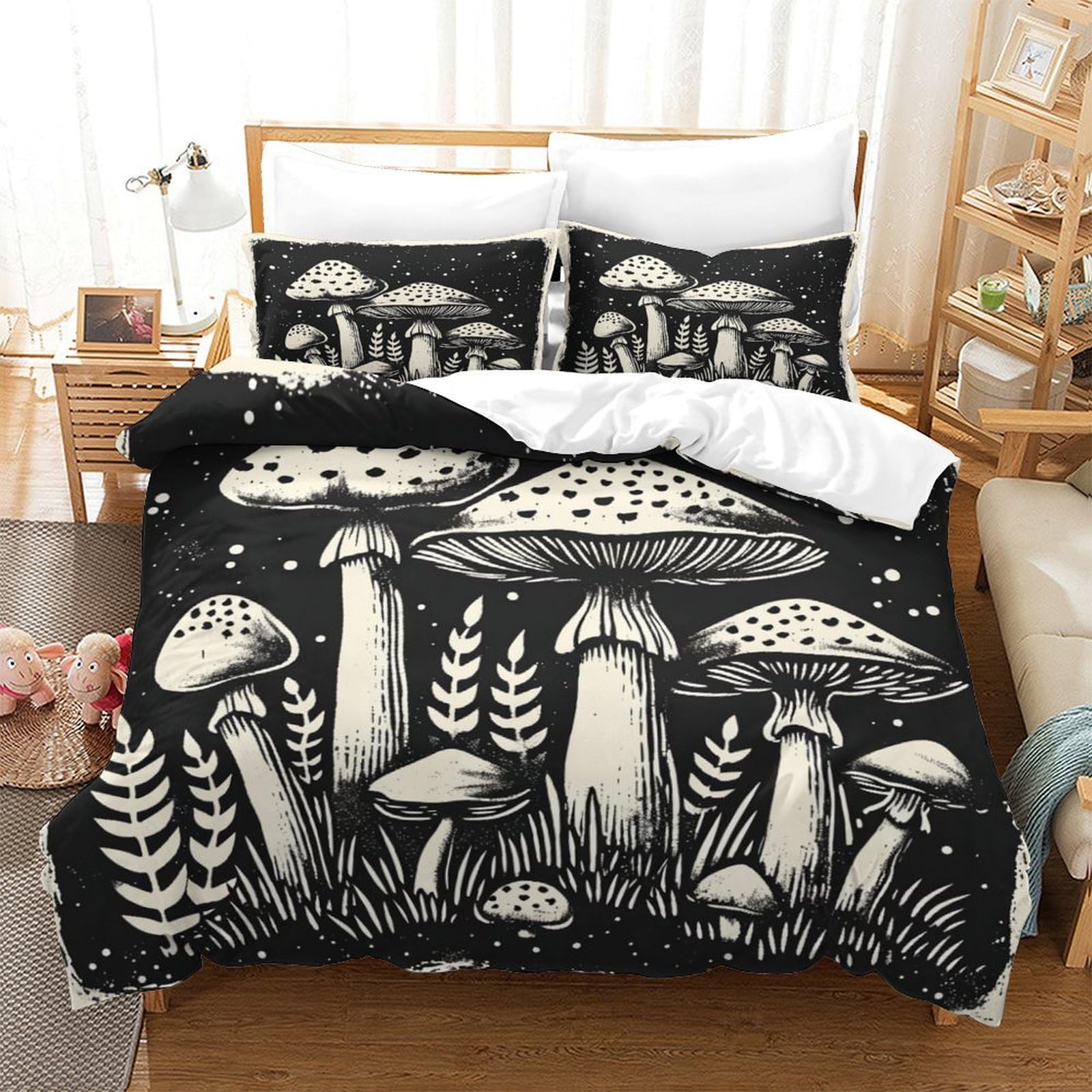 P1S9U7W5Y Vintage Mushroom 3D Printed Duvet Cover Set 3pcs Microfiber Forest Mushroom Bedding Set Double