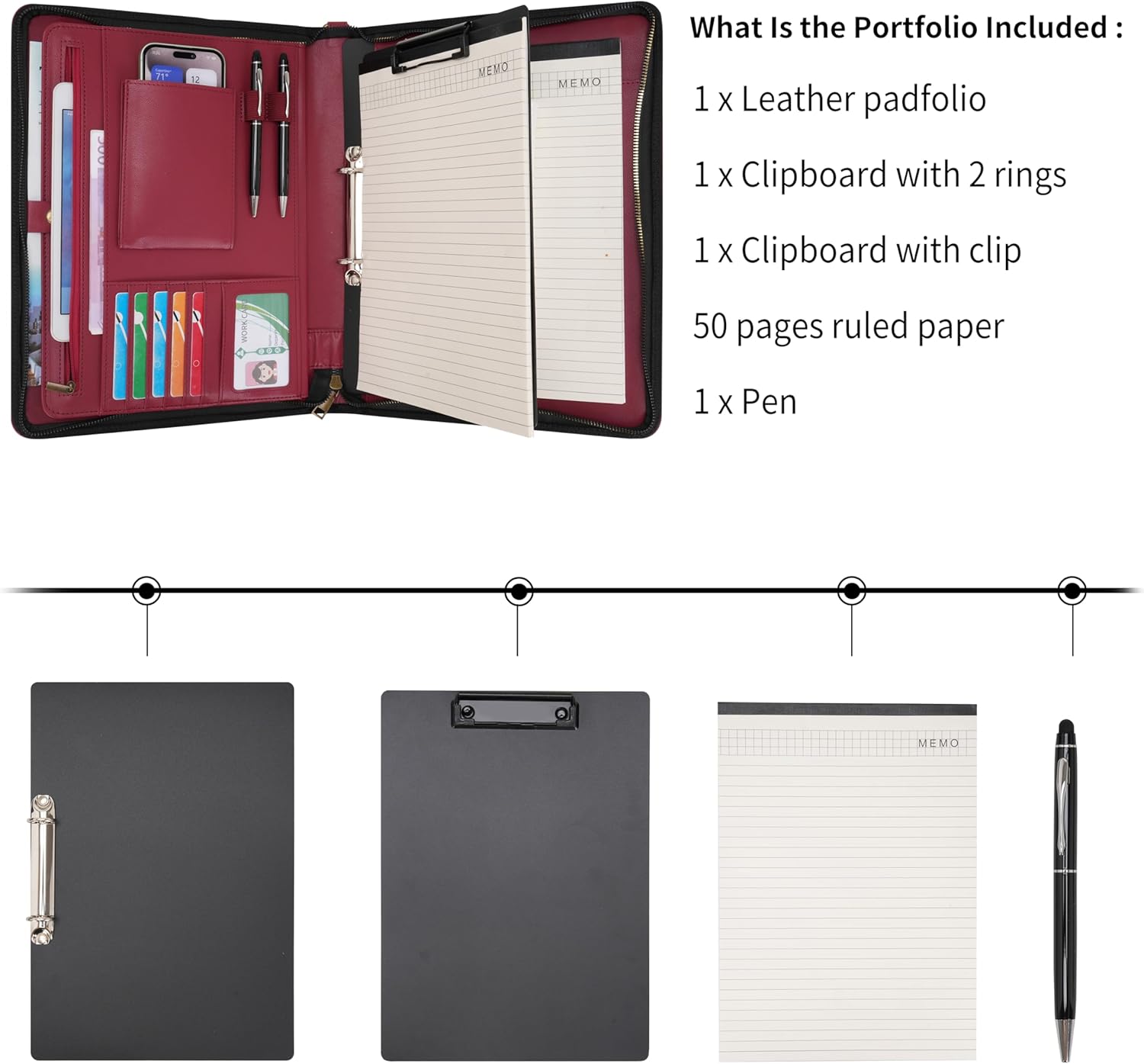 Wason A4 Portfolio with Zipper - Leather PU Padfolio with Detachable Ring Binder and Writing Notepad Holder, Conference File Multi-Pockets Organizer for Office Travel School (Red)
