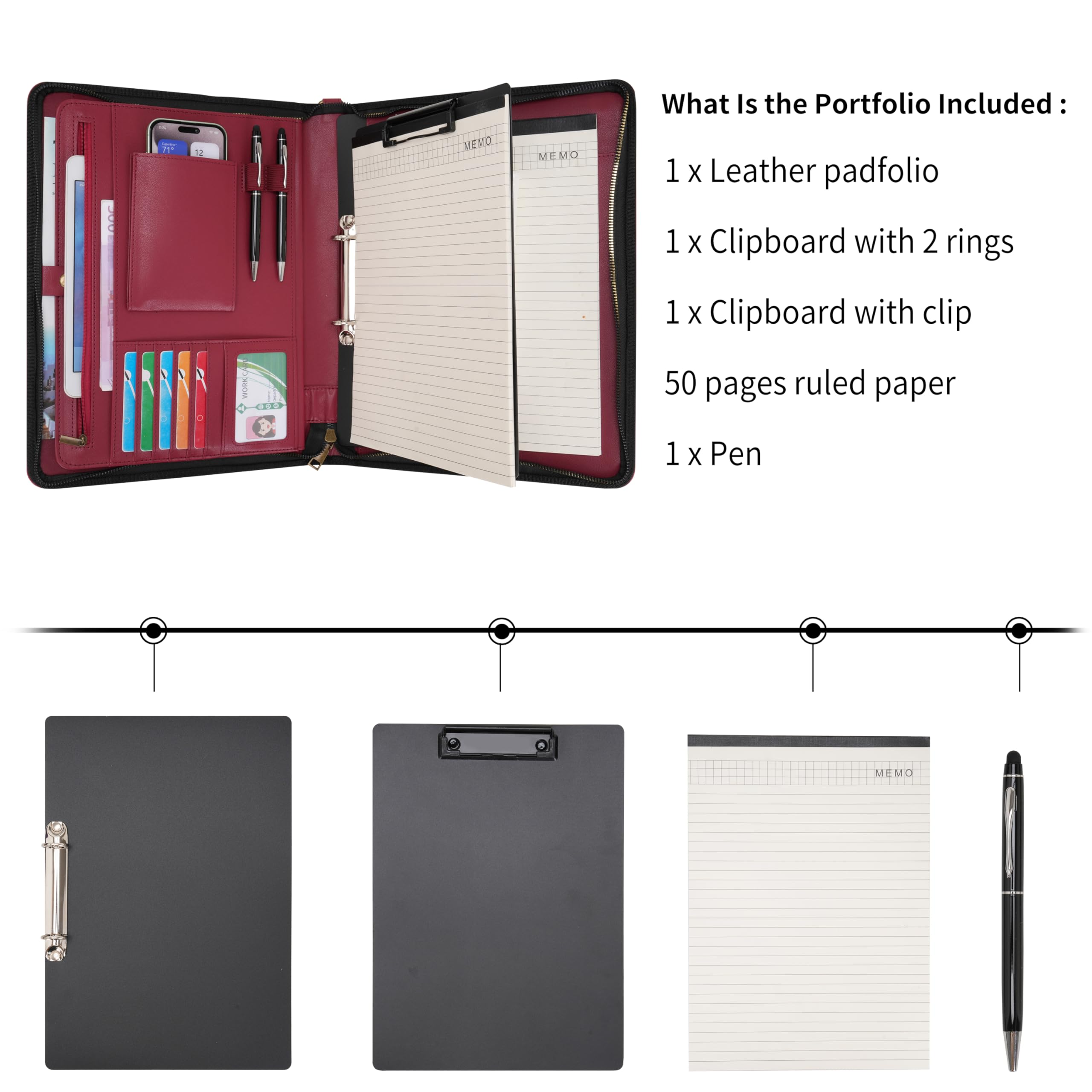 Wason A4 Reißverschluss Kunstleder Schreibmappen Padfolio mit abnehmbarem Ringbinder Portfolio und Schreibblock-Halter, Konferenzmappe mit Mehrfachtaschen für Büro Reise Schule (Rot)