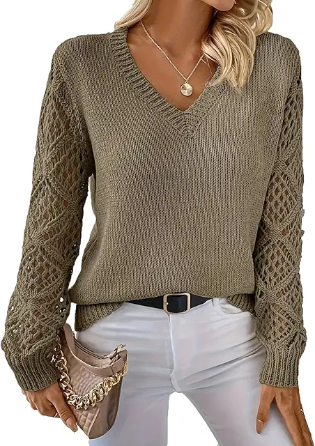 Jersey Cuello Bardot de Punto Suelto V-Cuello - Manga Larga en Colores Sólidos