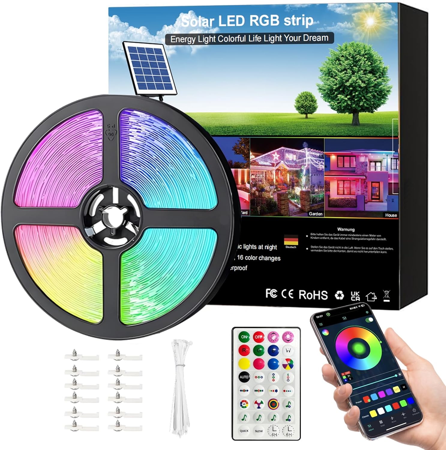 50ft RGBCW Outdoor Led Strip Lights Waterproof, Solar Led Strip Lights Outdoor with Self-Adhesive, Auto On/Off 16 Colors and 4 Modes with Remote Timer Great for Patio, Pathway Decor