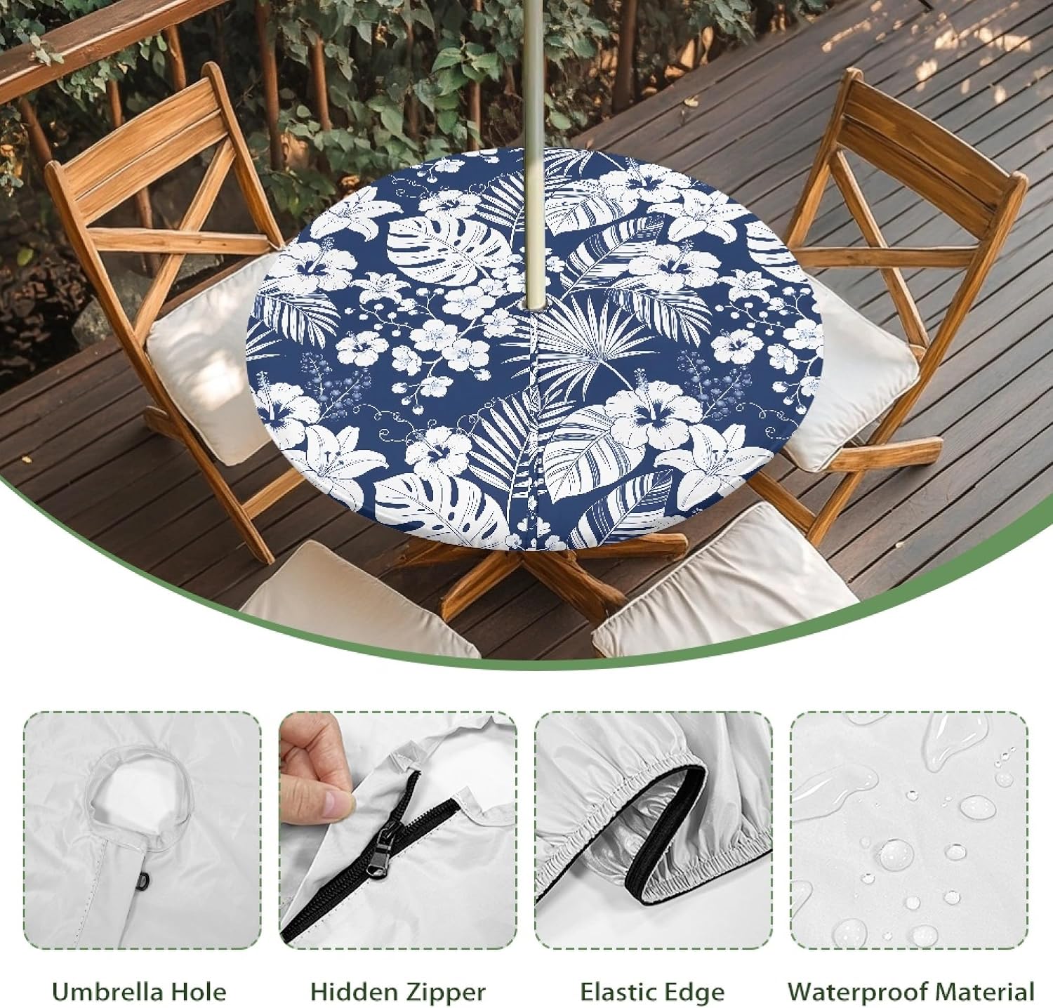 Blue Hibiscus Round Outdoor Tablecloth with Umbrella Hole - Waterproof Fitted Table Cover with Hidden Zipper and Elastic Edge for Patio Picnic Garden - Wipeable Reusable Circle Tablecloth, 45-52 Inch