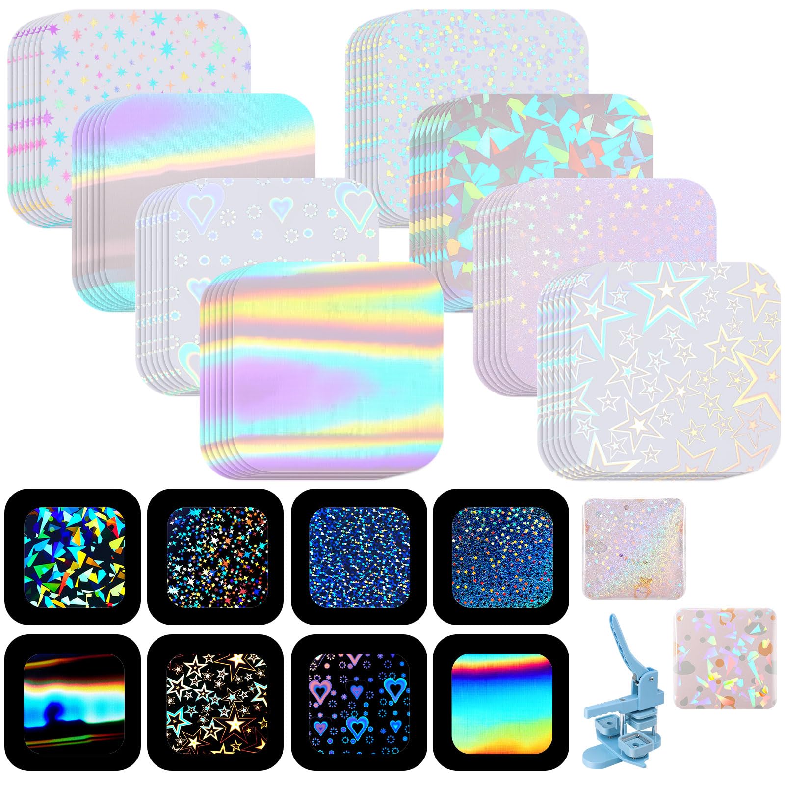 200 Pcs Pin Button Maker Supplies Holographic Film 50 Mm, Square, 8 Styles