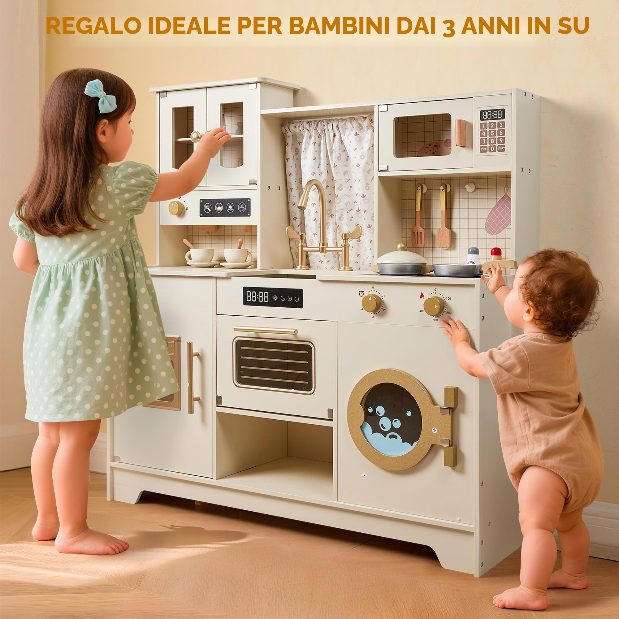 medoga Set di giocattoli da cucina in legno per bambini, giocattolo da cucina con 26 pezzi di cibo e utensili da cucina, regalo per bambina e bambino di 3 anni