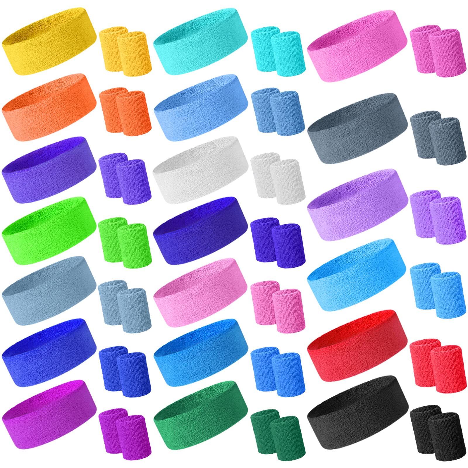 60-teiliges Schweißbänder-Set enthält 20 Stück Sport-Stirnband und 40 Stück Armbänder, Schweißbänder, Bunte Frottee-Armbänder für Training, 80er-Jahre, Schweißband für sportliche Männer und Frauen
