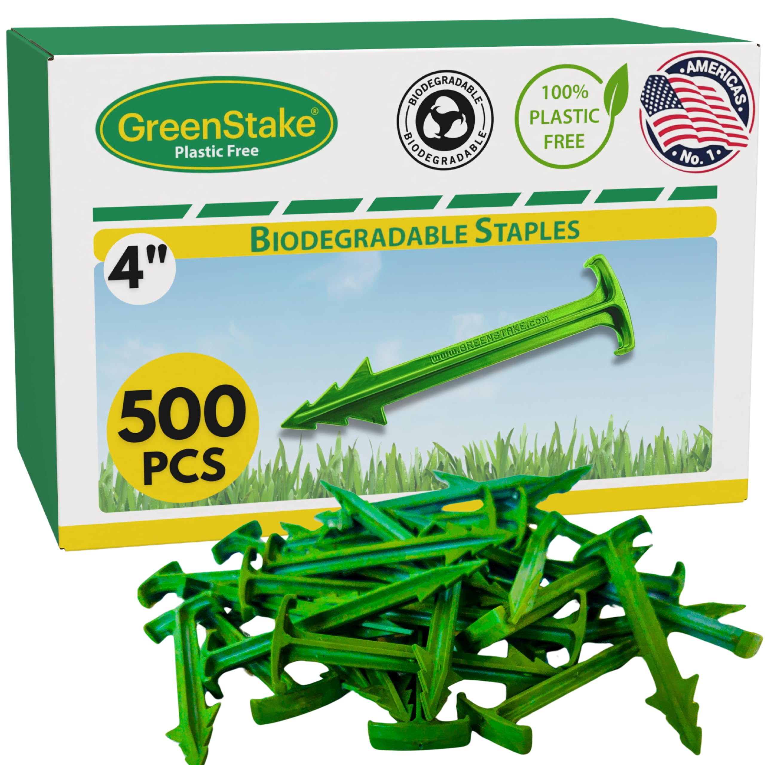 GreenStake4-Inch Biodegradable garden stakes, Pack of 500 - Superior Holding Power - Eco-Friendly Garden Support Pegs & Fabric Pins for Membrane, Netting, Turf, Landscaping and Gardening