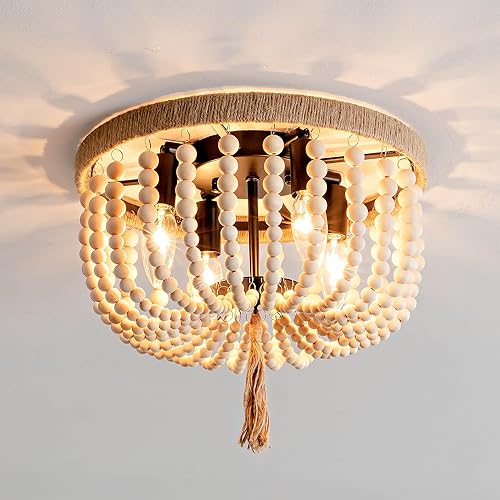 Miniatura 1 de Lámpara de techo bohemia con cuentas de madera, 4 luces de roble blanco, estilo bohemio, para dormitorio, pasillo, entrada, cuarto de bebé, pasillo,