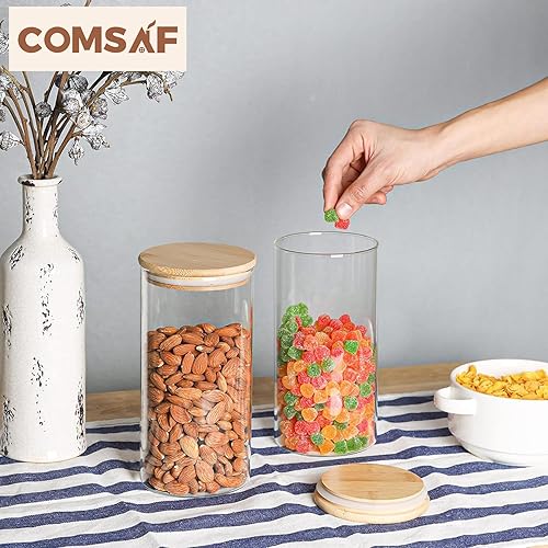 Miniatura 8 de ComSaf Recipiente hermético de almacenamiento de vidrio con tapa de madera (44 onzas), juego de 3 tarros de vidrio con tapas, recipiente