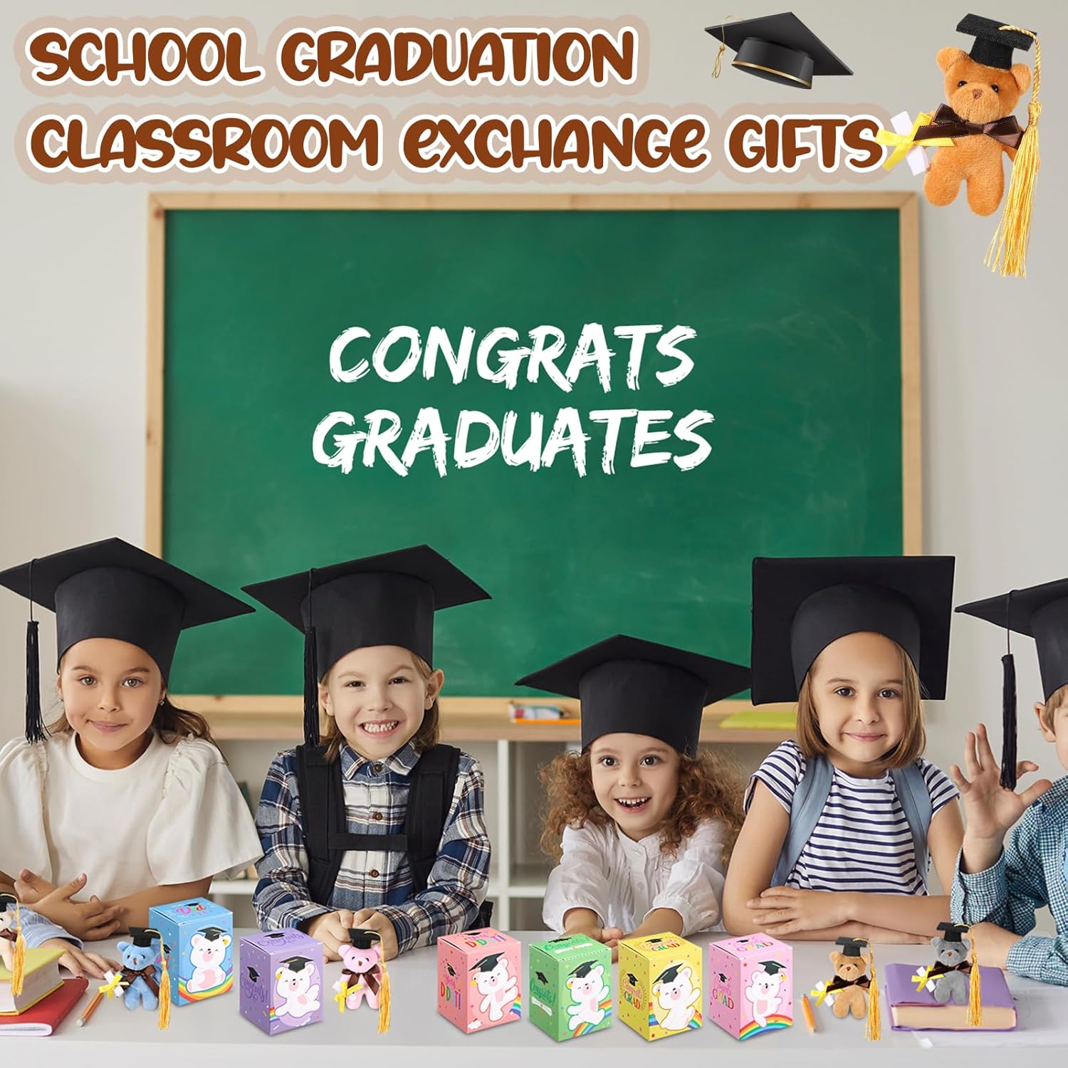 24 Set Mini Graduation Plush Bear with Graduation Gifts Box Graduate Stuffed Animal Keychain with Cap Gift Set for 2026 Graduations Party Graduations Decoration Classroom Exchange Gift
