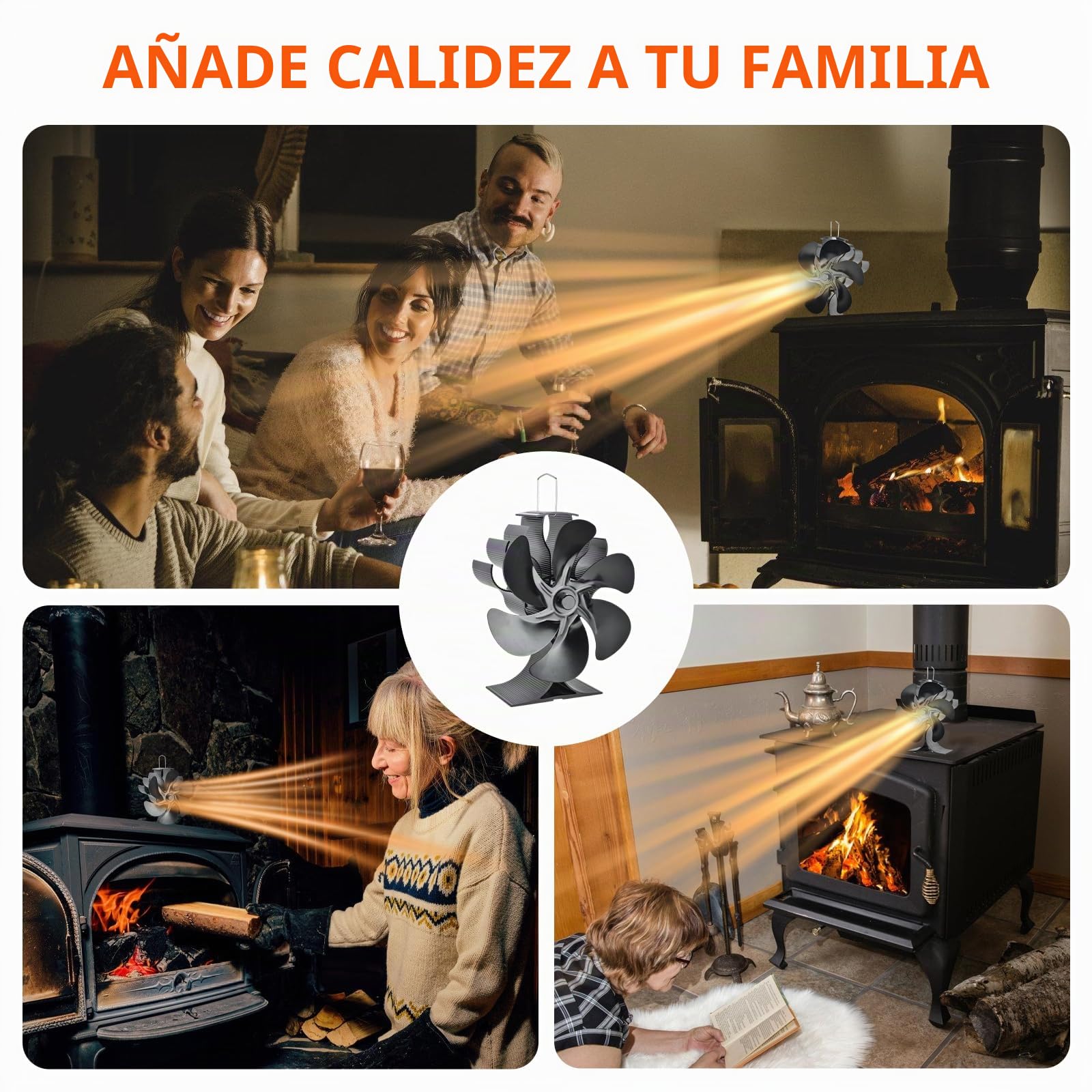 Ventilador Poele de madera,Ventilador de Poele de 6 hojas, Ventilador de estufa de leña Ecológico y de bajo consumo de energía, Funcionamiento silencioso